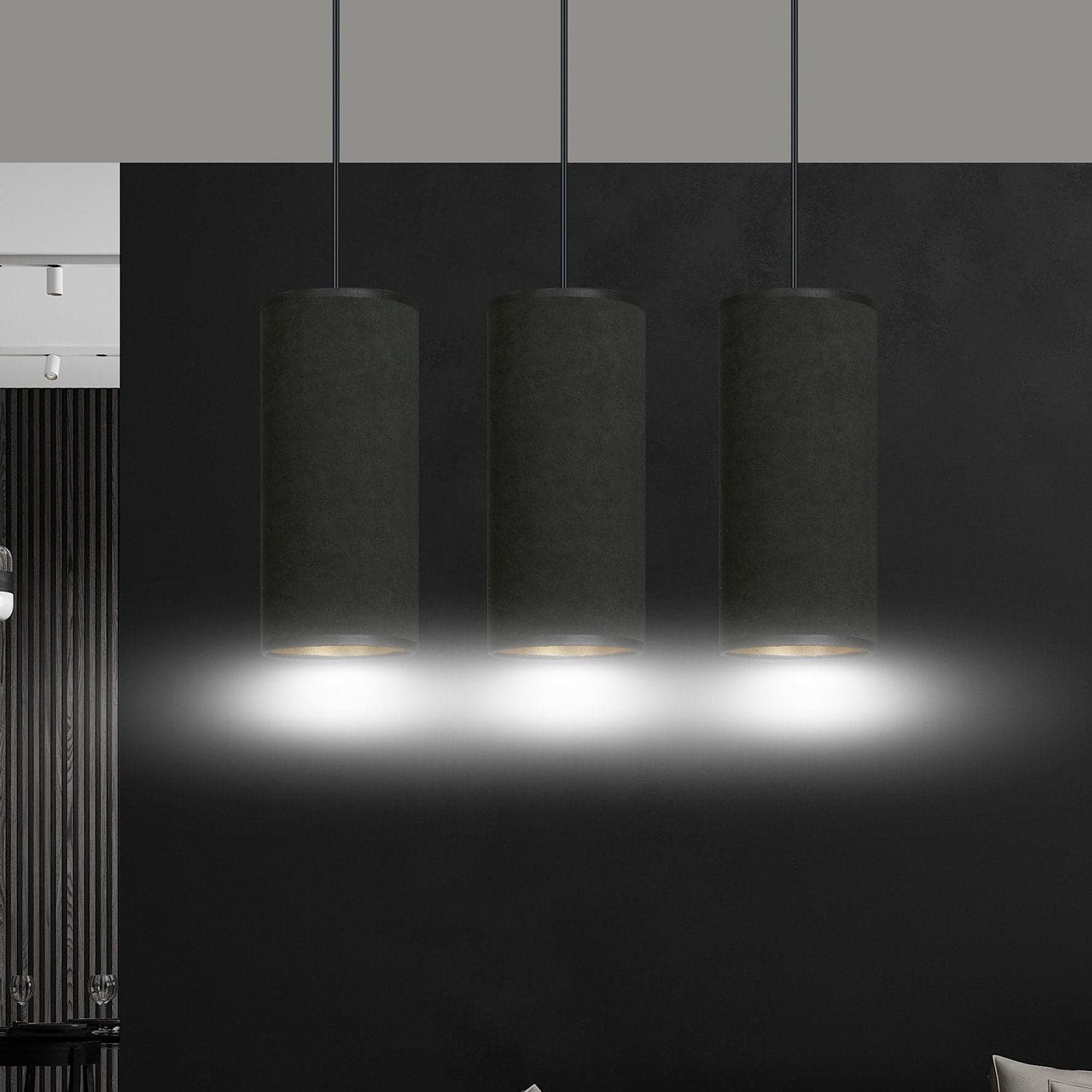 Sospensione 3 Luci Bente In Acciaio Nero E Paralumi Nero E Oro in Lampade a sospensione LuceArt - Montecorvino Pugliano, commercioVirtuoso.it