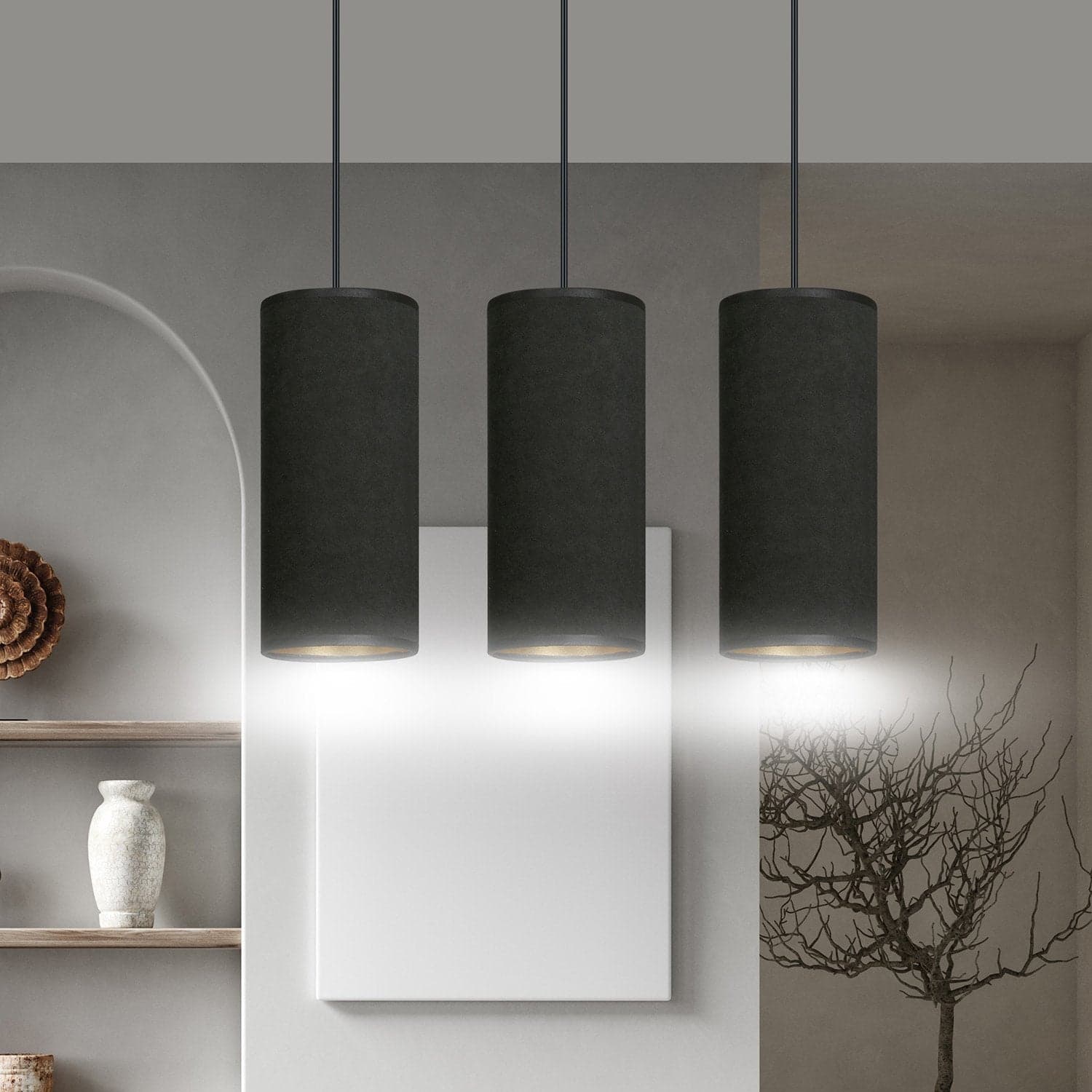 Sospensione 3 Luci Bente In Acciaio Nero E Paralumi Nero E Oro in Lampade a sospensione LuceArt - Montecorvino Pugliano, commercioVirtuoso.it