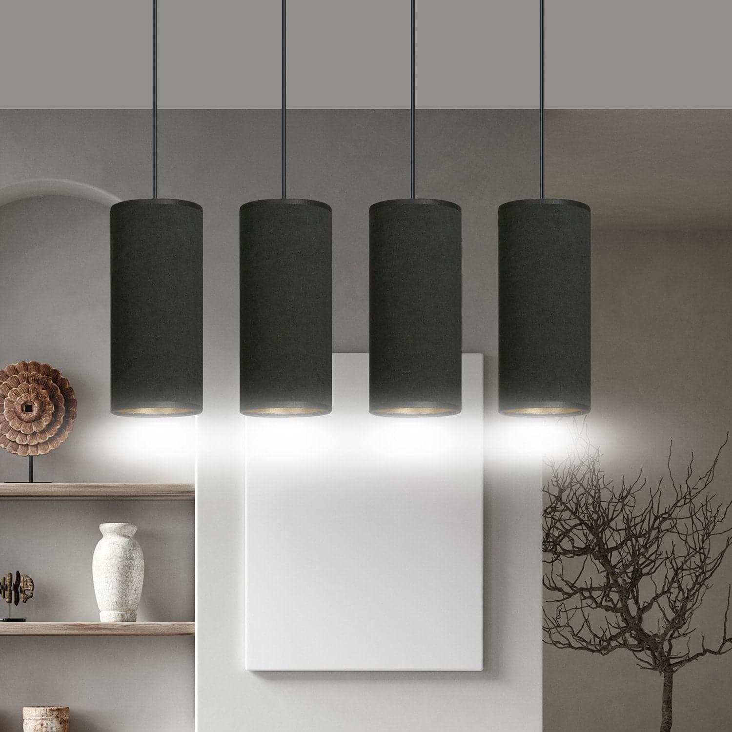 Sospensione 4 Luci Bente In Acciaio Nero E Paralumi Nero E Oro in Lampade a sospensione LuceArt - Montecorvino Pugliano, commercioVirtuoso.it