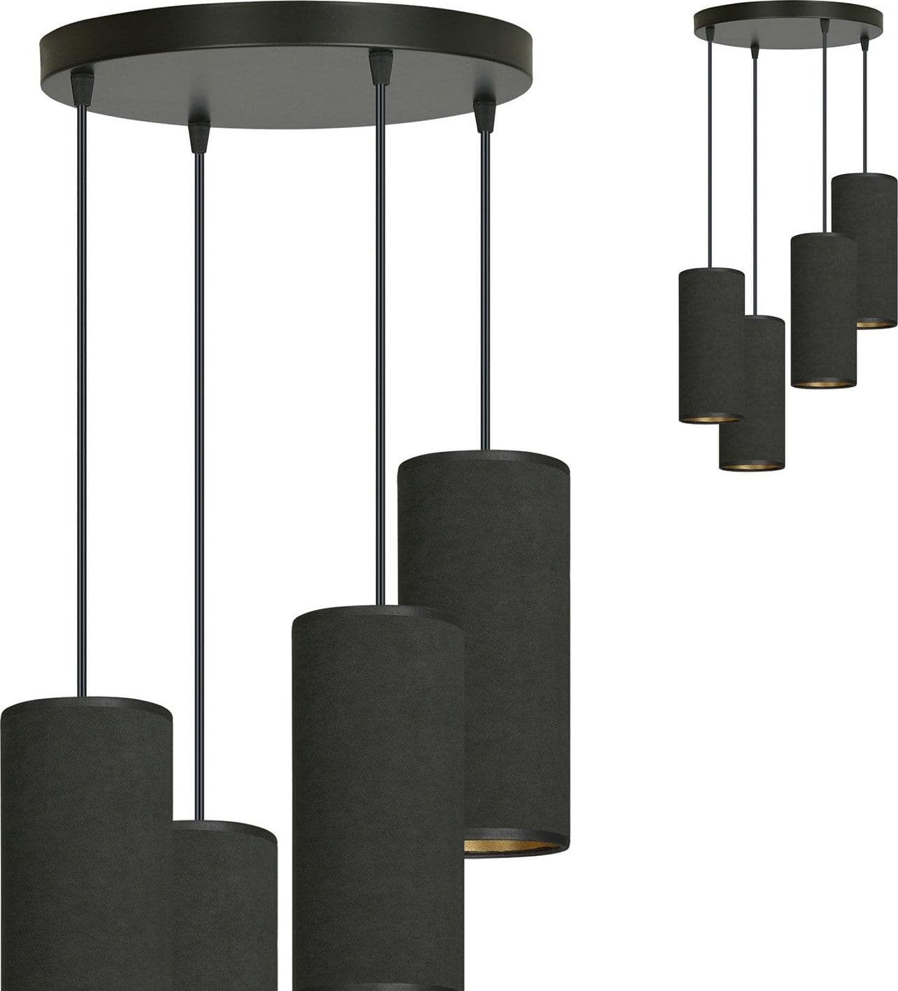 Sospensione Tonda 4 Luci Bente In Acciaio Nero E Paralumi Nero E Oro in Lampade a sospensione LuceArt - Montecorvino Pugliano, commercioVirtuoso.it