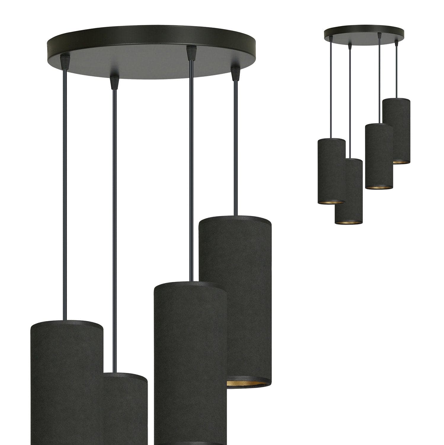 Sospensione Tonda 4 Luci Bente In Acciaio Nero E Paralumi Nero E Oro in Lampade a sospensione LuceArt - Montecorvino Pugliano, commercioVirtuoso.it
