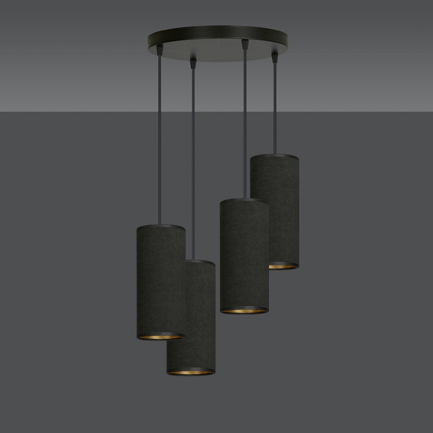 Sospensione Tonda 4 Luci Bente In Acciaio Nero E Paralumi Nero E Oro in Lampade a sospensione LuceArt - Montecorvino Pugliano, commercioVirtuoso.it