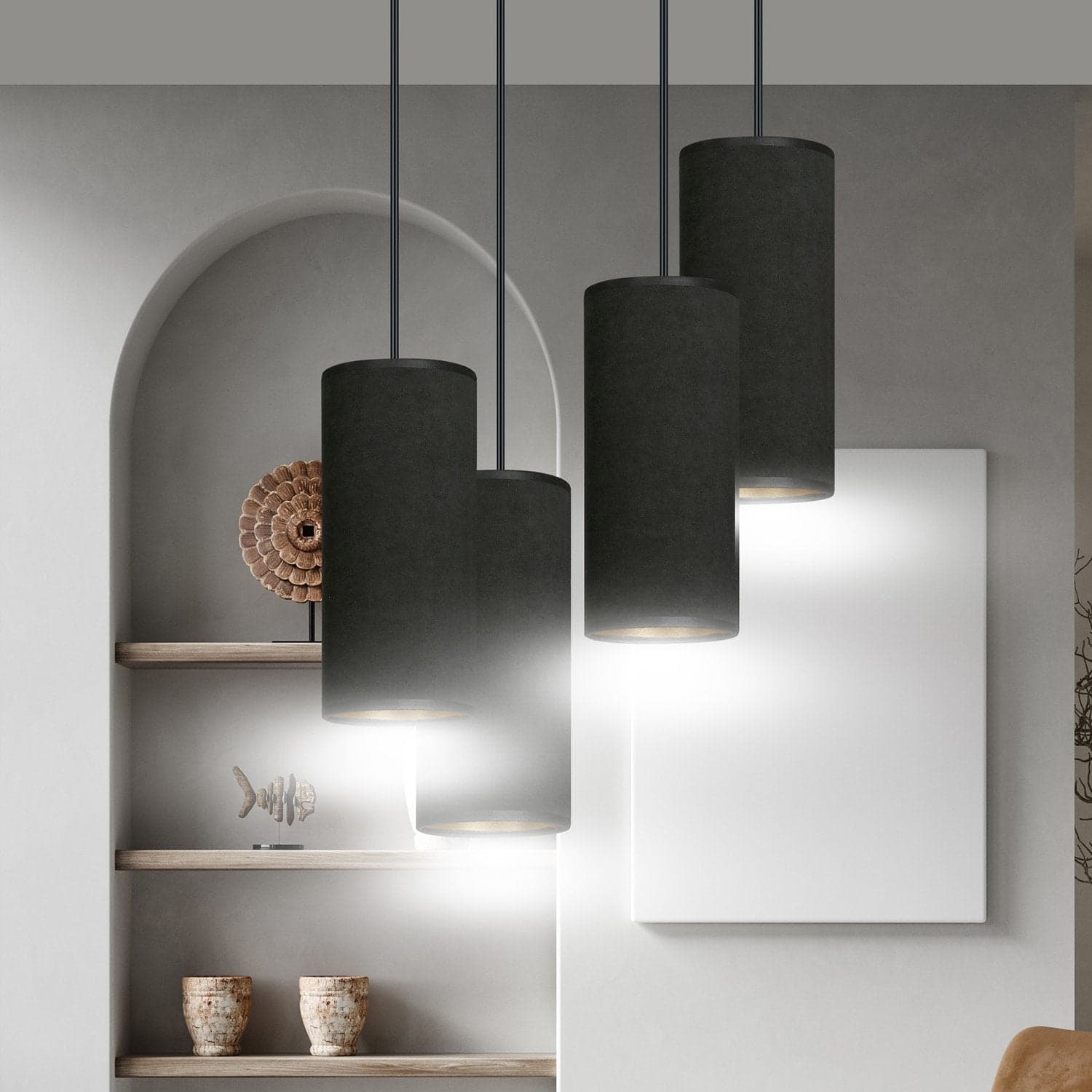 Sospensione Tonda 4 Luci Bente In Acciaio Nero E Paralumi Nero E Oro in Lampade a sospensione LuceArt - Montecorvino Pugliano, commercioVirtuoso.it
