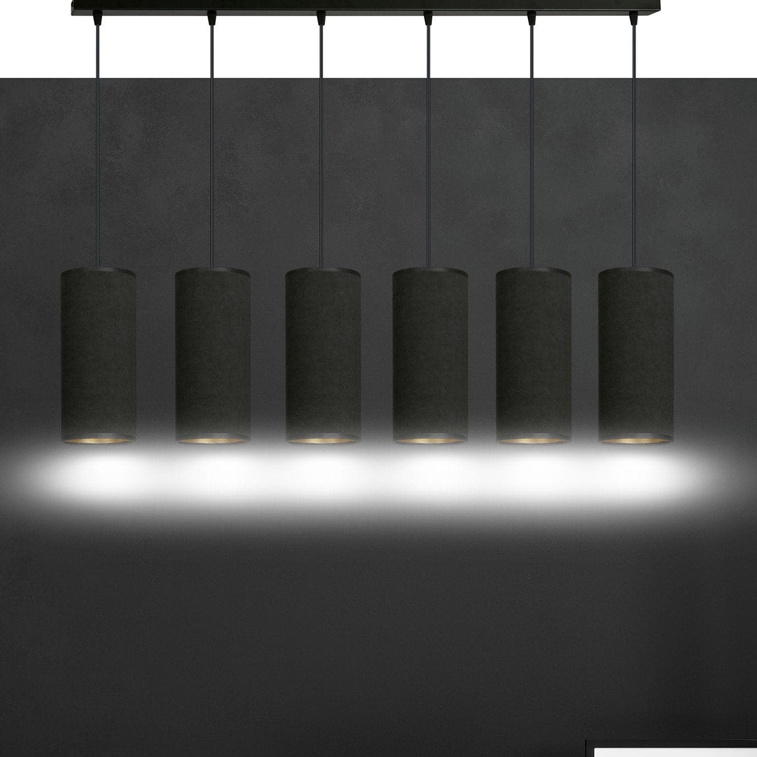 Sospensione 6 Luci Bente In Acciaio Nero E Paralumi Nero E Oro in Lampade a sospensione LuceArt - Montecorvino Pugliano, commercioVirtuoso.it