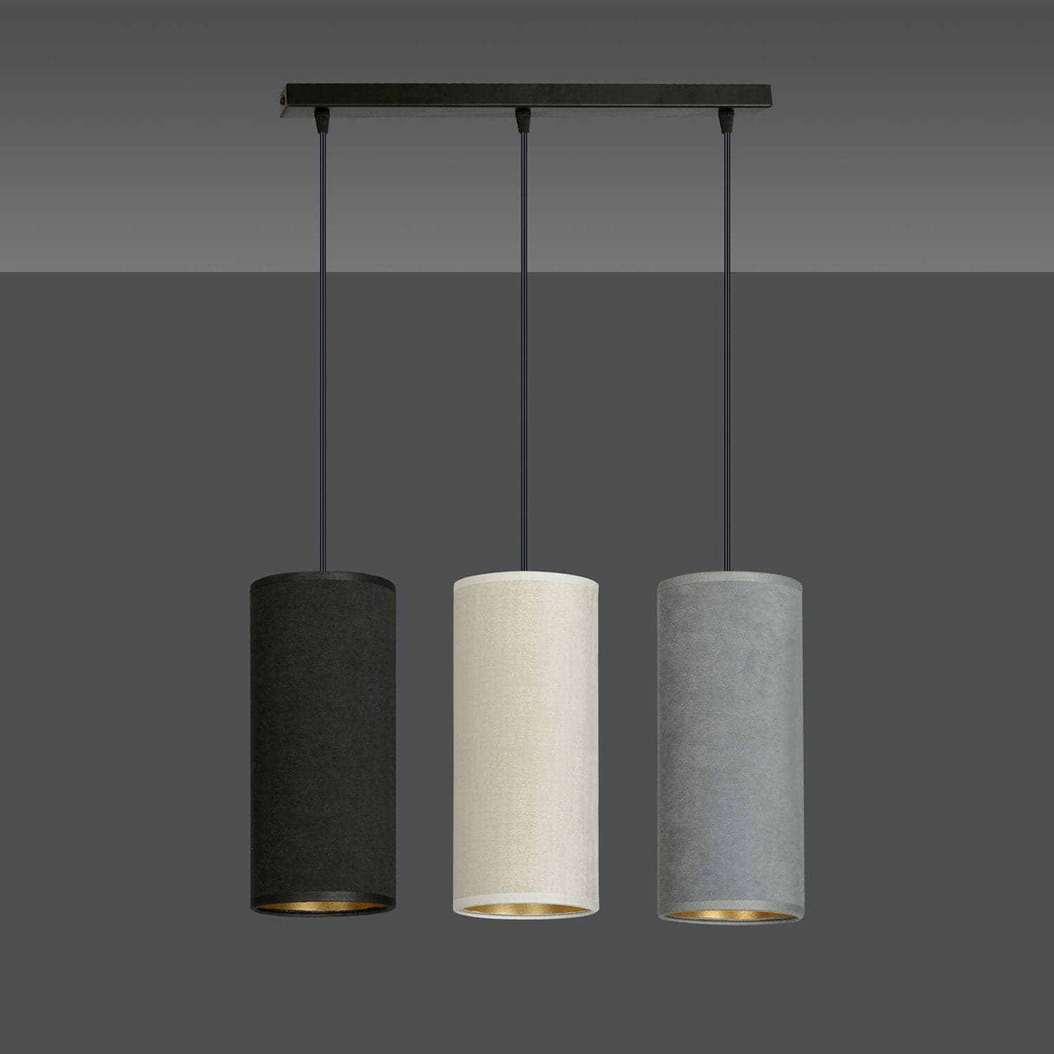 Sospensione 3 Luci Bente In Acciaio Nero E Paralumi Nero Grigio Bianco in Lampade a sospensione LuceArt - Montecorvino Pugliano, commercioVirtuoso.it