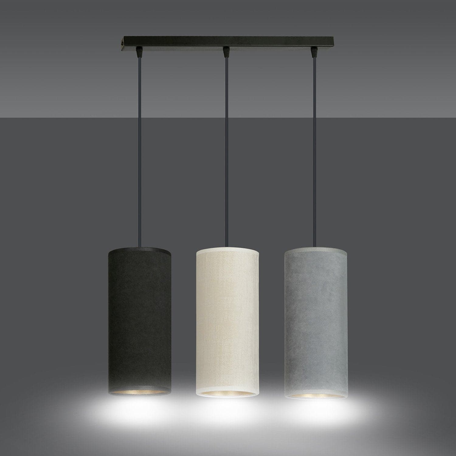 Sospensione 3 Luci Bente In Acciaio Nero E Paralumi Nero Grigio Bianco in Lampade a sospensione LuceArt - Montecorvino Pugliano, commercioVirtuoso.it
