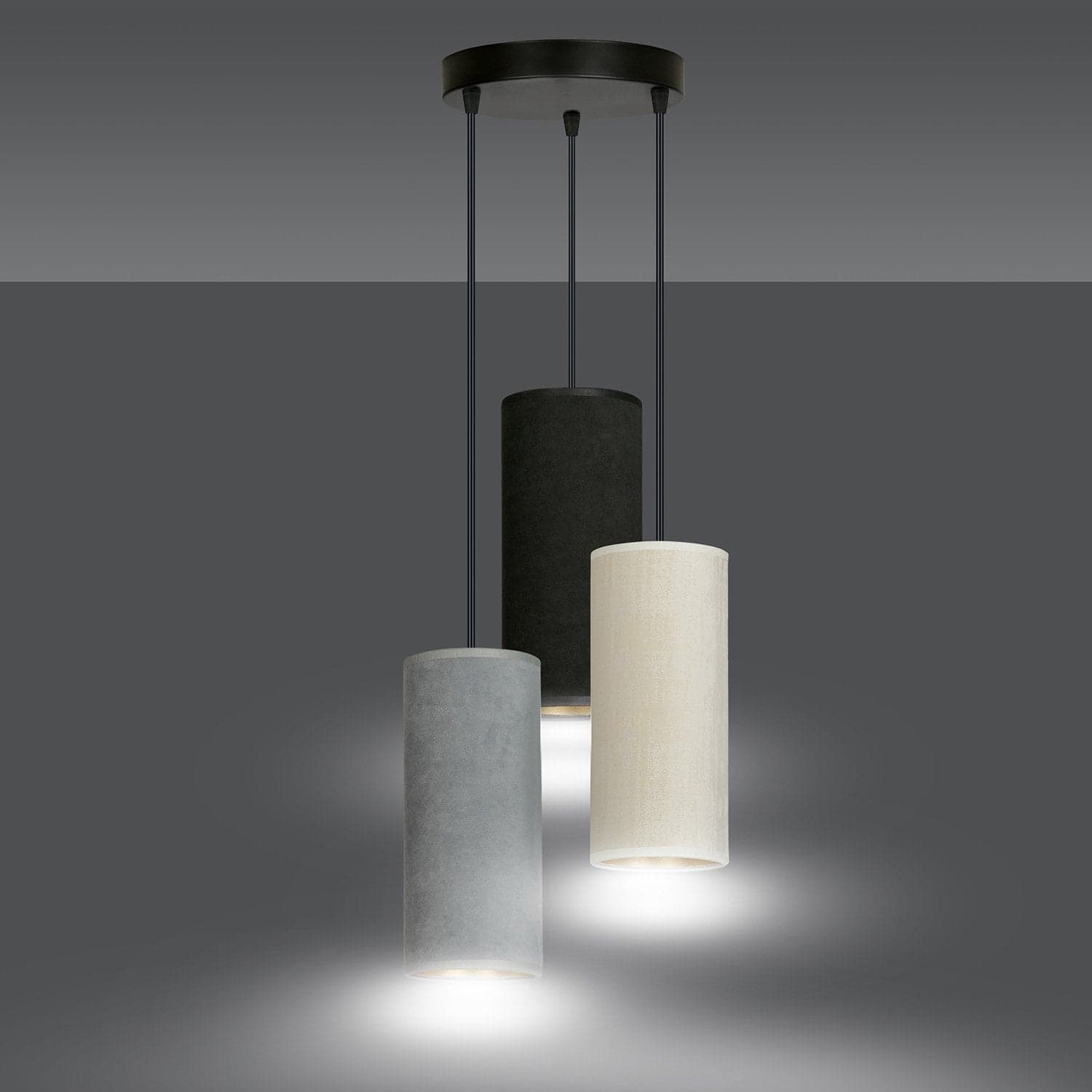 Sospensione 3 Tonda Luci Bente In Acciaio Nero E Paralumi Nero Grigio Bianco in Lampade a sospensione LuceArt - Montecorvino Pugliano, commercioVirtuoso.it