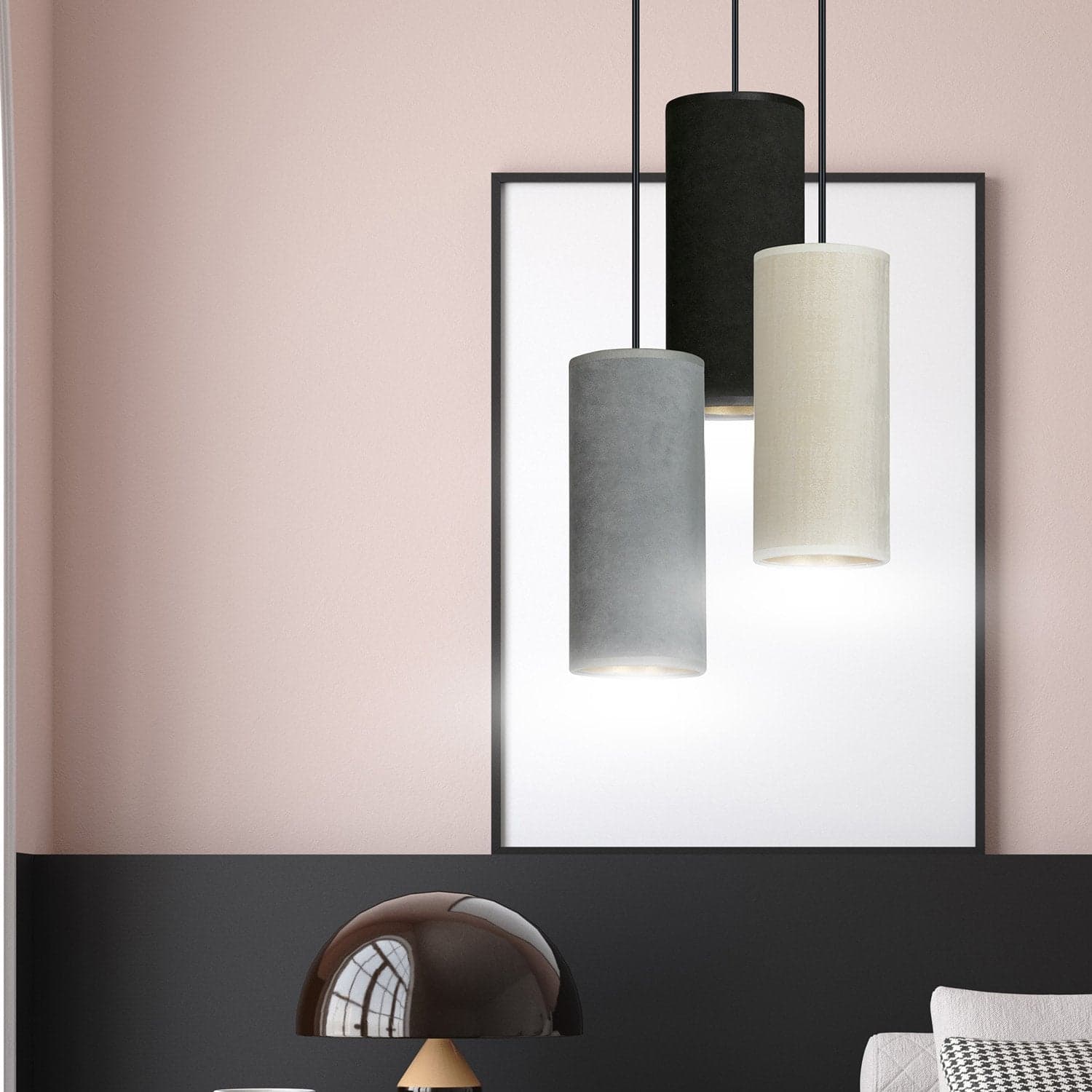 Sospensione 3 Tonda Luci Bente In Acciaio Nero E Paralumi Nero Grigio Bianco in Lampade a sospensione LuceArt - Montecorvino Pugliano, commercioVirtuoso.it