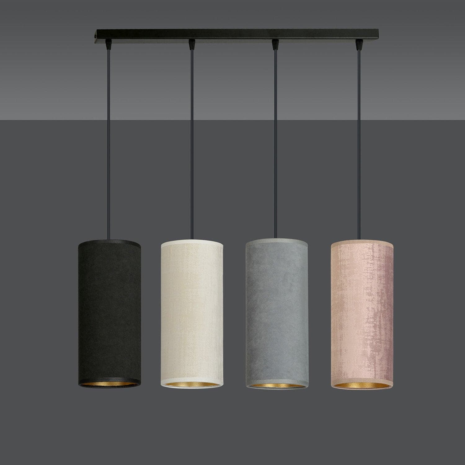 Sospensione 4 Luci Bente In Acciaio Nero E Paralumi Nero Grigio Bianco E Rosa in Lampade a sospensione LuceArt - Montecorvino Pugliano, commercioVirtuoso.it