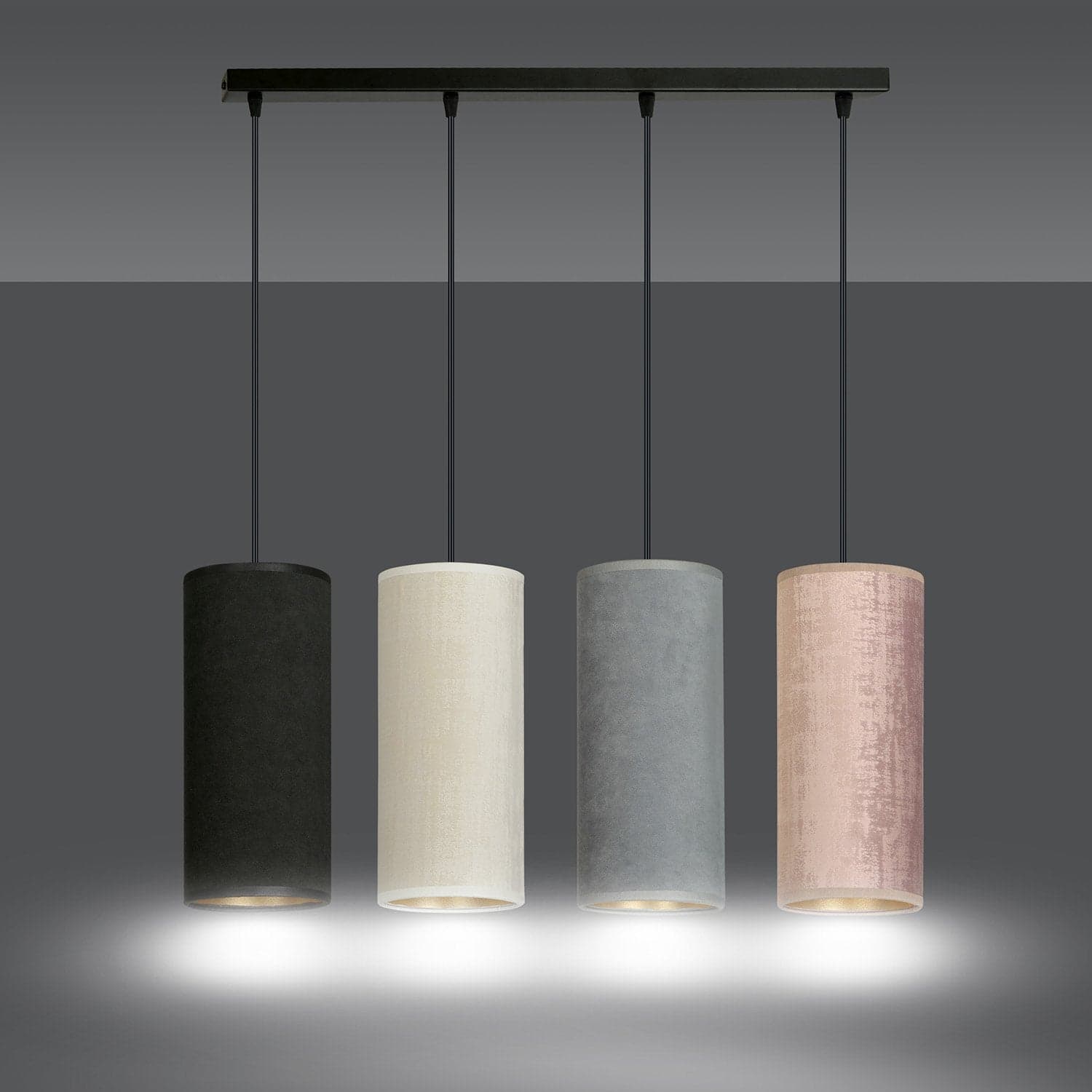 Sospensione 4 Luci Bente In Acciaio Nero E Paralumi Nero Grigio Bianco E Rosa in Lampade a sospensione LuceArt - Montecorvino Pugliano, commercioVirtuoso.it