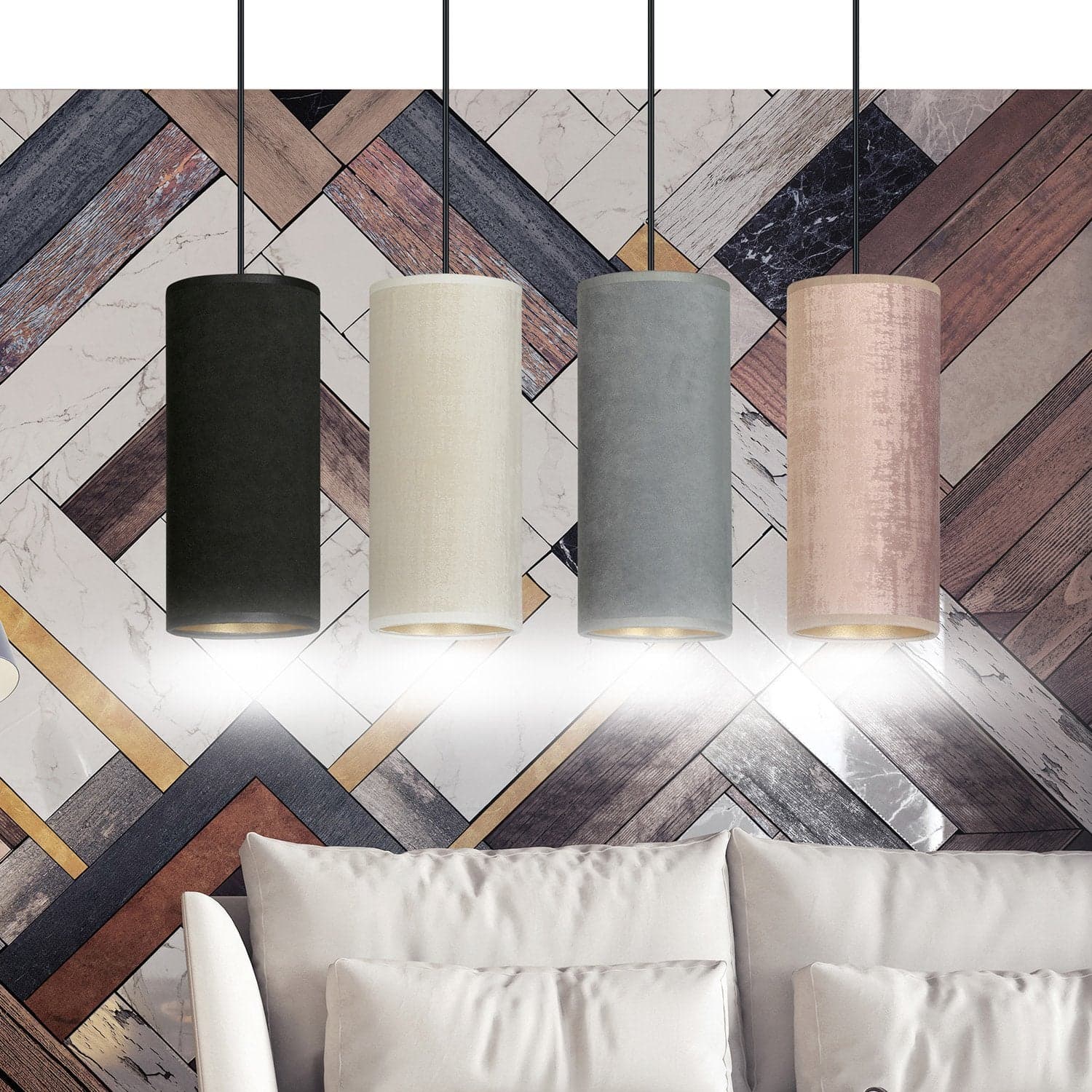 Sospensione 4 Luci Bente In Acciaio Nero E Paralumi Nero Grigio Bianco E Rosa in Lampade a sospensione LuceArt - Montecorvino Pugliano, commercioVirtuoso.it