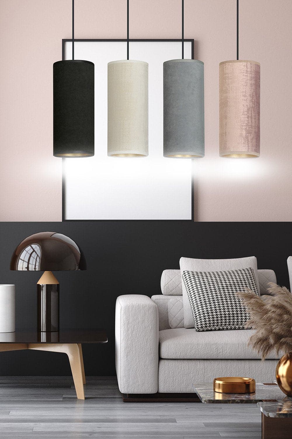 Sospensione 4 Luci Bente In Acciaio Nero E Paralumi Nero Grigio Bianco E Rosa in Lampade a sospensione LuceArt - Montecorvino Pugliano, commercioVirtuoso.it