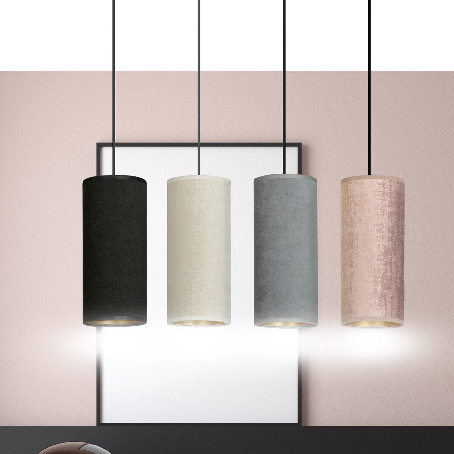 Sospensione 4 Luci Bente In Acciaio Nero E Paralumi Nero Grigio Bianco E Rosa in Lampade a sospensione LuceArt - Montecorvino Pugliano, commercioVirtuoso.it