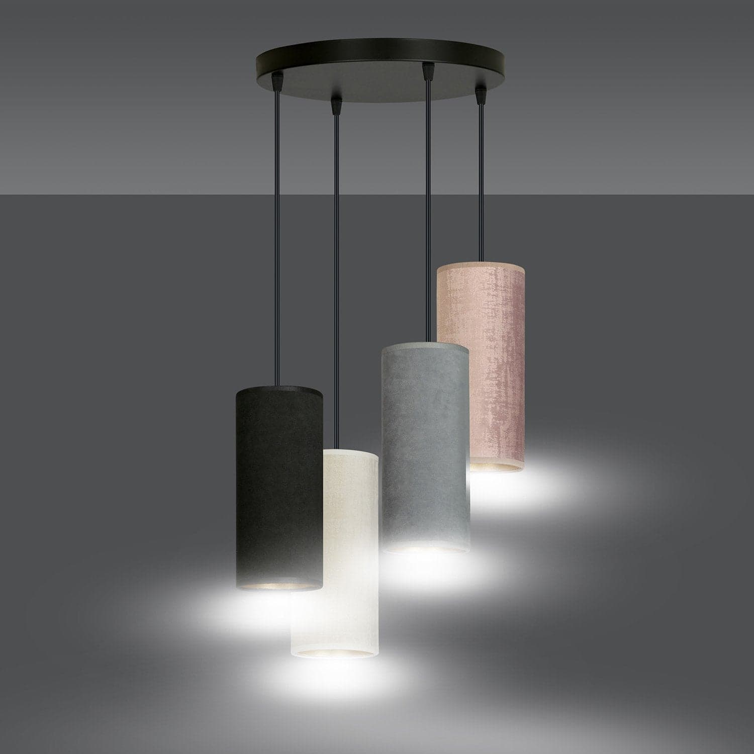 Sospensione 4 Tonda Luci Bente Acciaio Nero E Paralumi Nero Grigio Bianco Rosa in Lampade a sospensione LuceArt - Montecorvino Pugliano, commercioVirtuoso.it