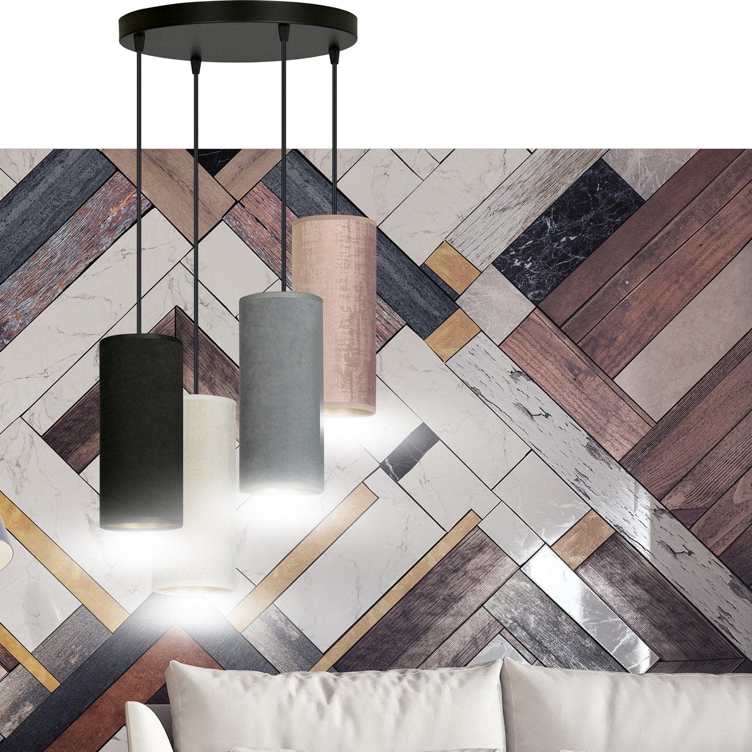 Sospensione 4 Tonda Luci Bente Acciaio Nero E Paralumi Nero Grigio Bianco Rosa in Lampade a sospensione LuceArt - Montecorvino Pugliano, commercioVirtuoso.it