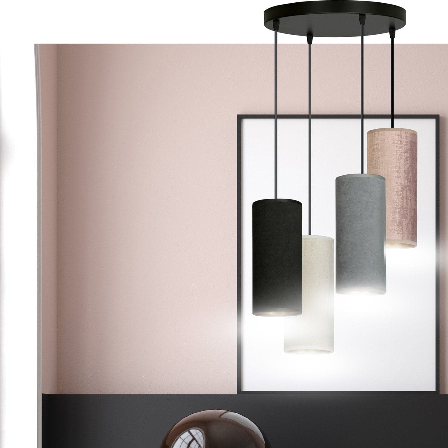 Sospensione 4 Tonda Luci Bente Acciaio Nero E Paralumi Nero Grigio Bianco Rosa in Lampade a sospensione LuceArt - Montecorvino Pugliano, commercioVirtuoso.it