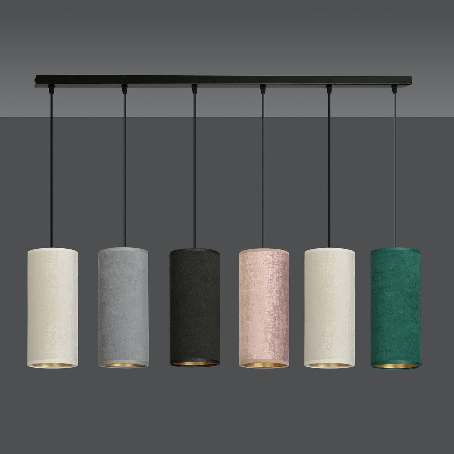 Sospensione 6 Luci Bente Acciaio Nero E Paralumi Nero Grigio Bianco Rosa Verde in Lampade a sospensione LuceArt - Montecorvino Pugliano, commercioVirtuoso.it