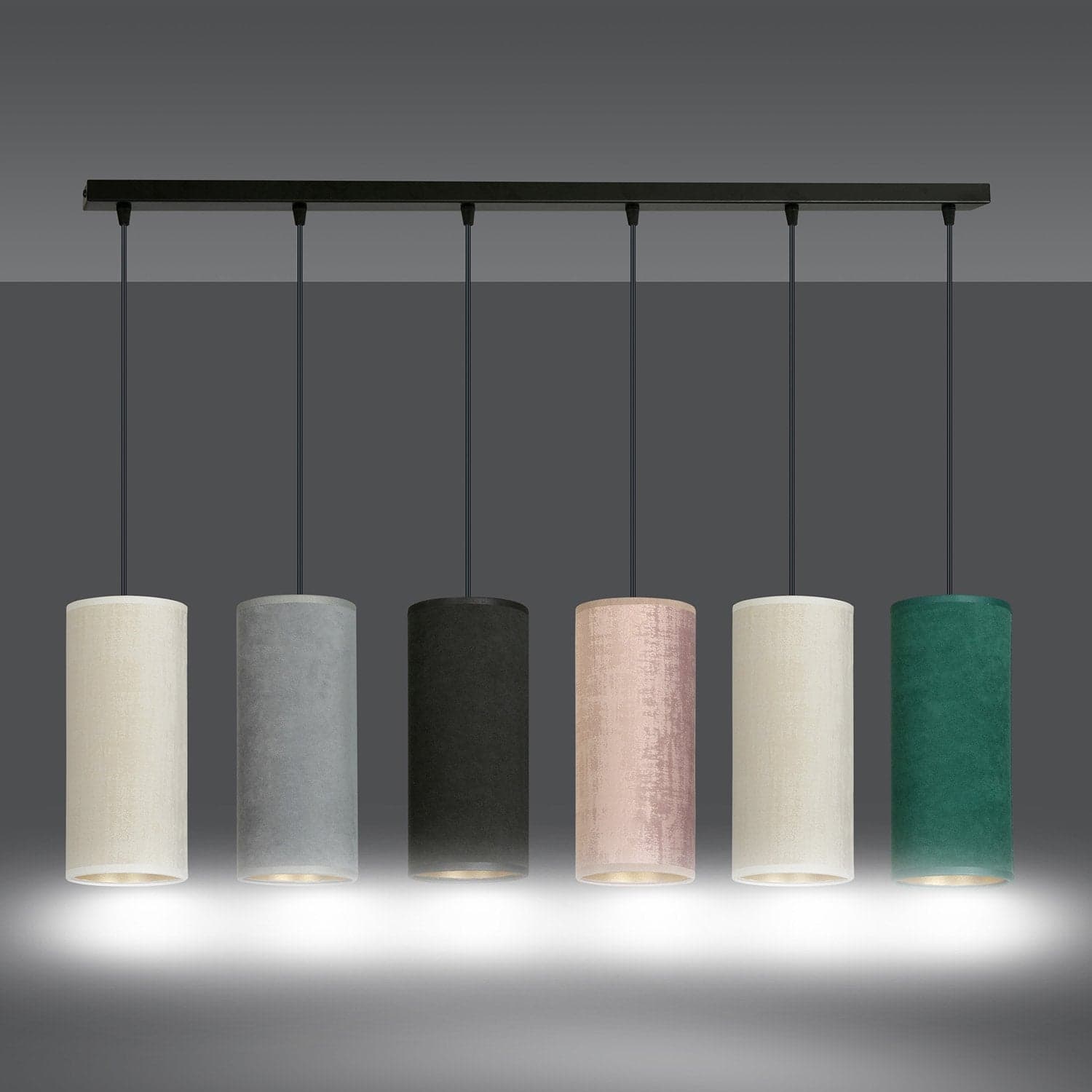 Sospensione 6 Luci Bente Acciaio Nero E Paralumi Nero Grigio Bianco Rosa Verde in Lampade a sospensione LuceArt - Montecorvino Pugliano, commercioVirtuoso.it
