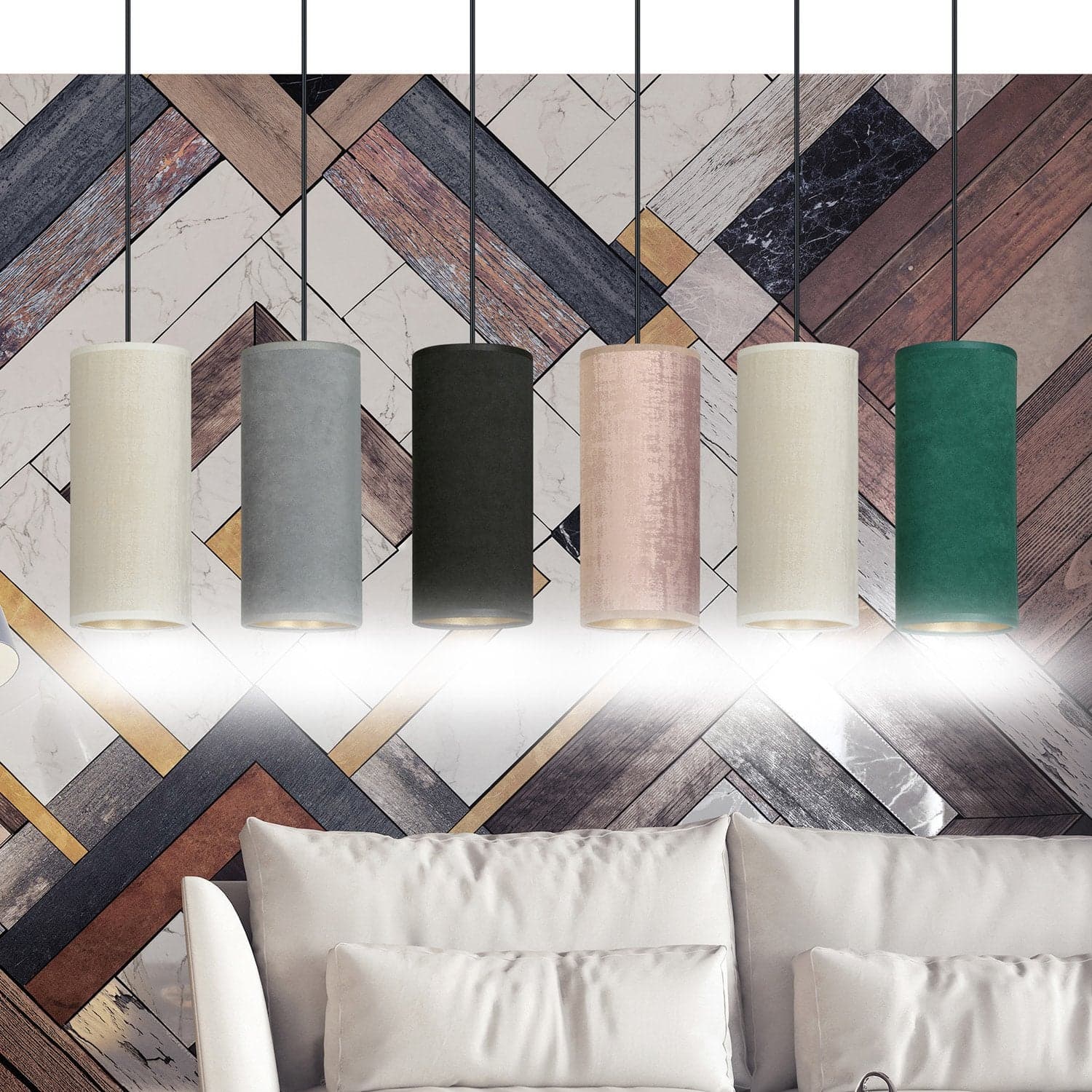Sospensione 6 Luci Bente Acciaio Nero E Paralumi Nero Grigio Bianco Rosa Verde in Lampade a sospensione LuceArt - Montecorvino Pugliano, commercioVirtuoso.it