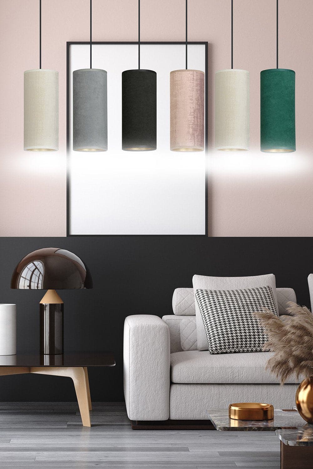 Sospensione 6 Luci Bente Acciaio Nero E Paralumi Nero Grigio Bianco Rosa Verde in Lampade a sospensione LuceArt - Montecorvino Pugliano, commercioVirtuoso.it