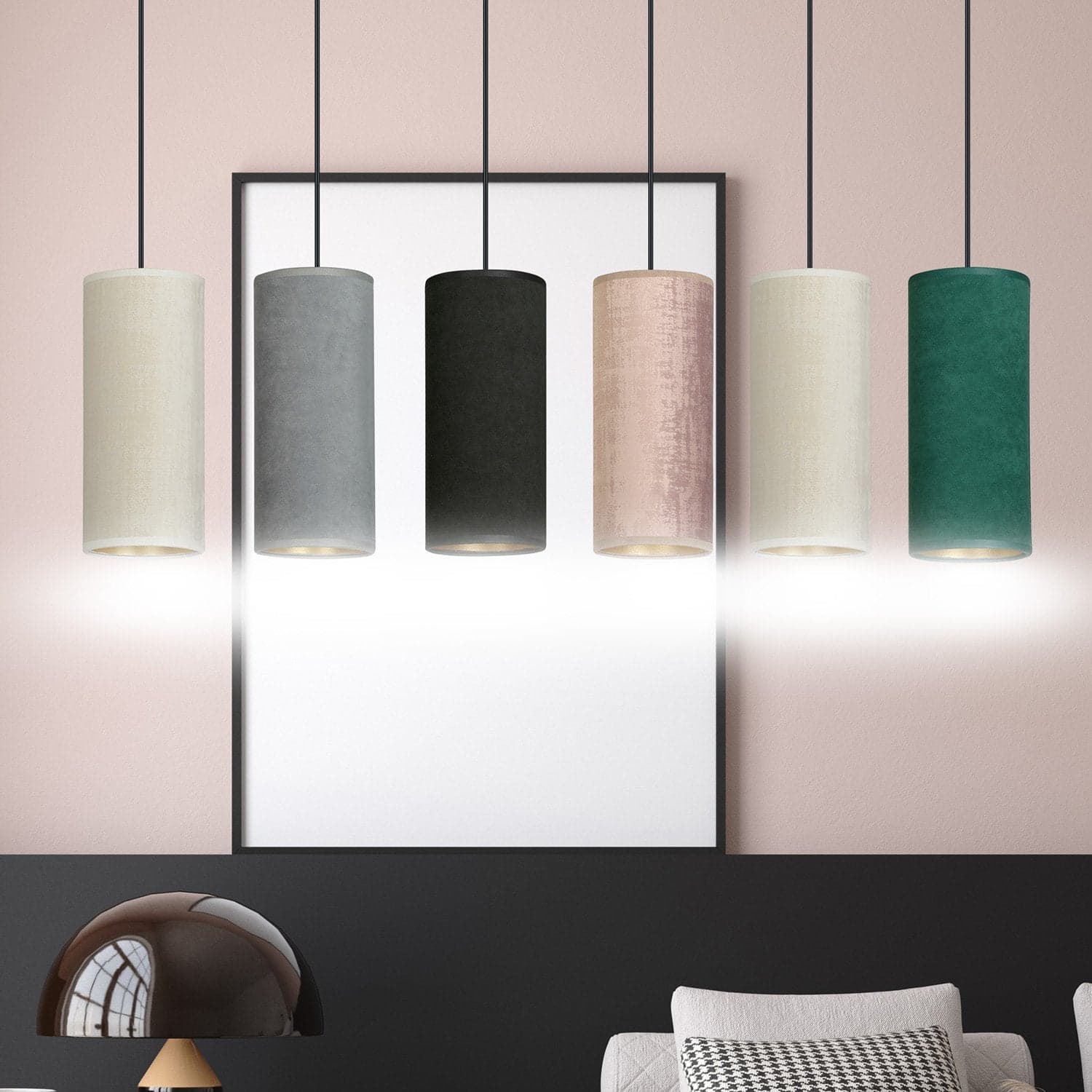 Sospensione 6 Luci Bente Acciaio Nero E Paralumi Nero Grigio Bianco Rosa Verde in Lampade a sospensione LuceArt - Montecorvino Pugliano, commercioVirtuoso.it