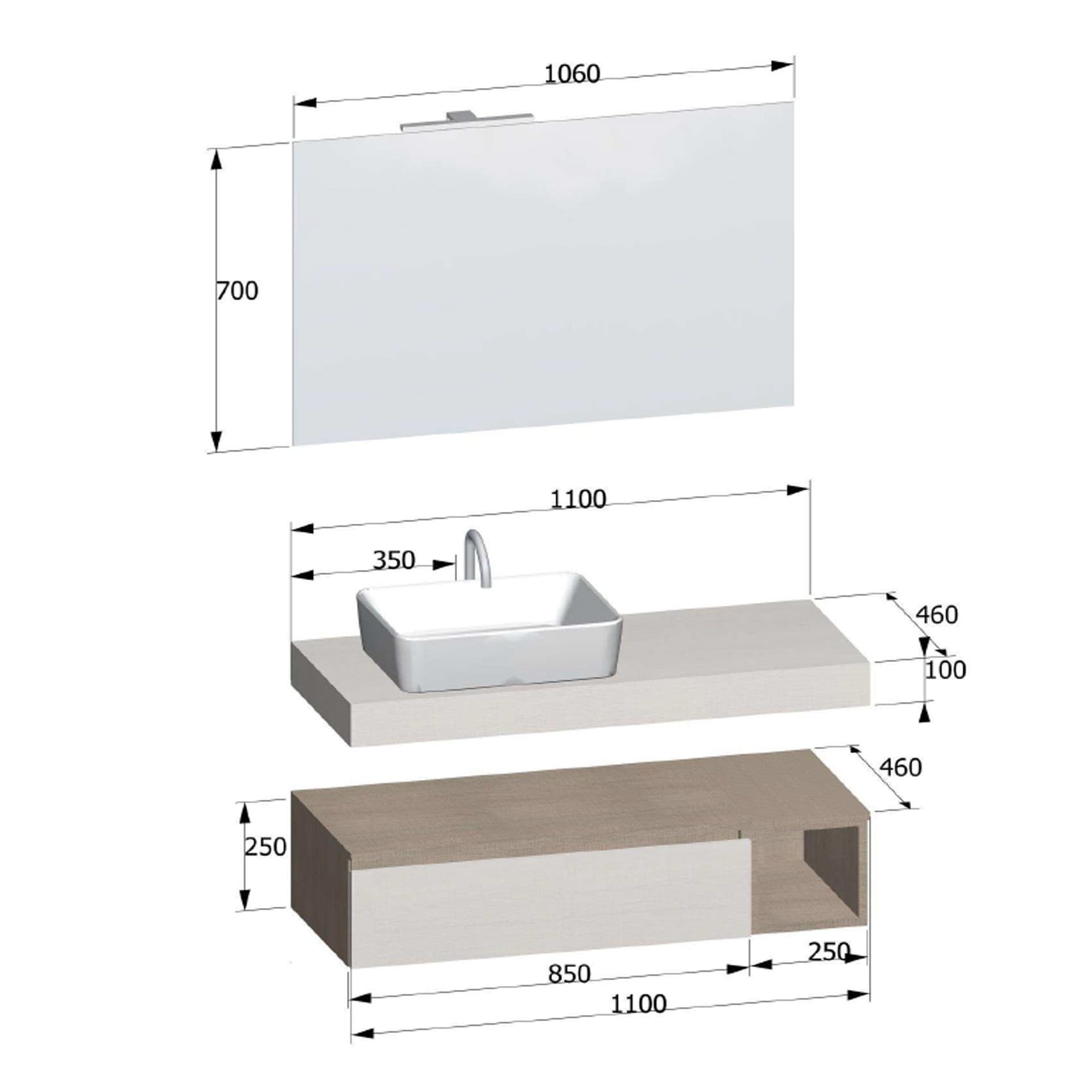 Composizione Bagno Sospesa da 110cm legno Rovere Duo-751 in Mobili a muro Mondialshop - Parabiago, commercioVirtuoso.it