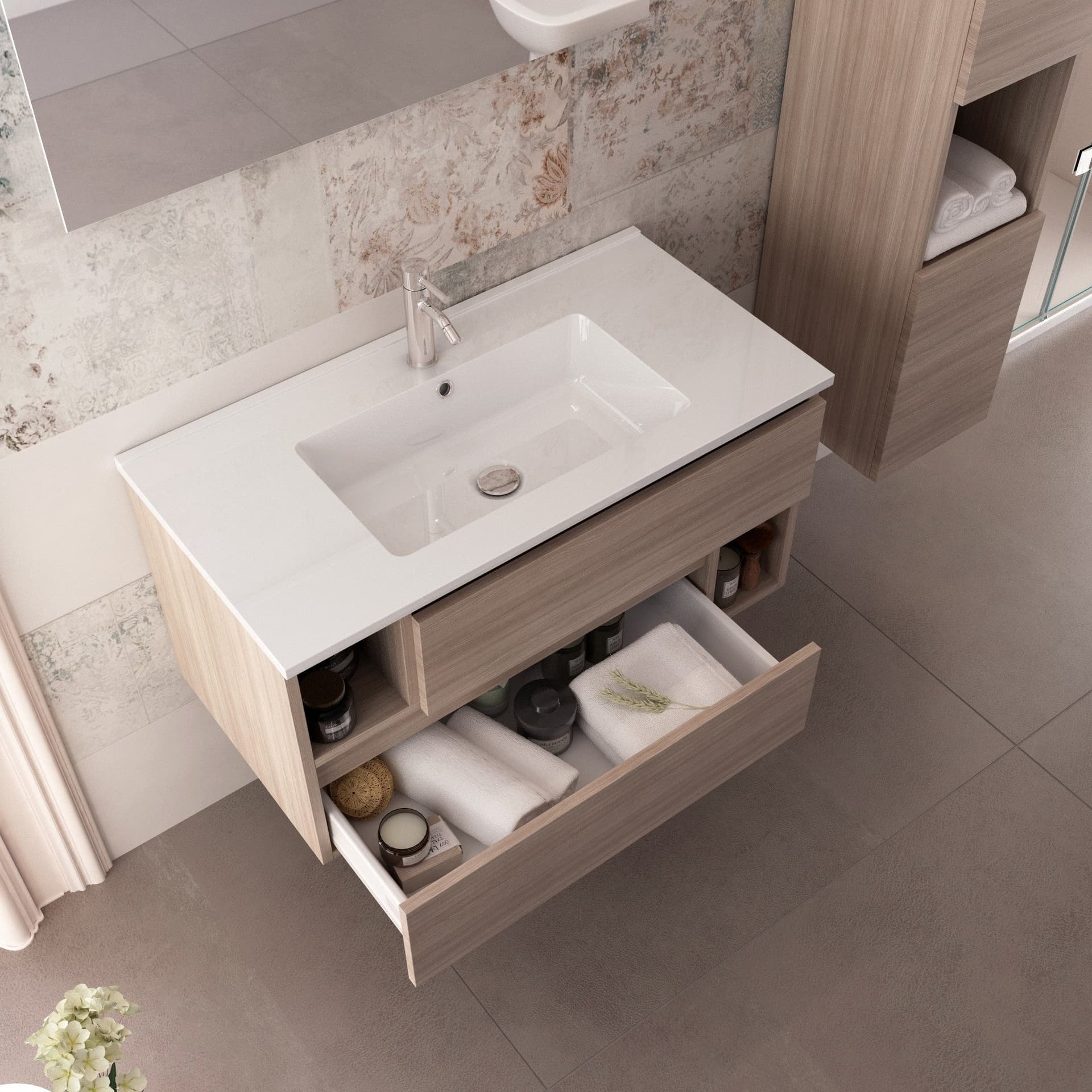 Mobile sospeso 90cm olmo, lavabo ceramico MOOD-755P in Mobiletti con lavabo Mondialshop - Parabiago, commercioVirtuoso.it