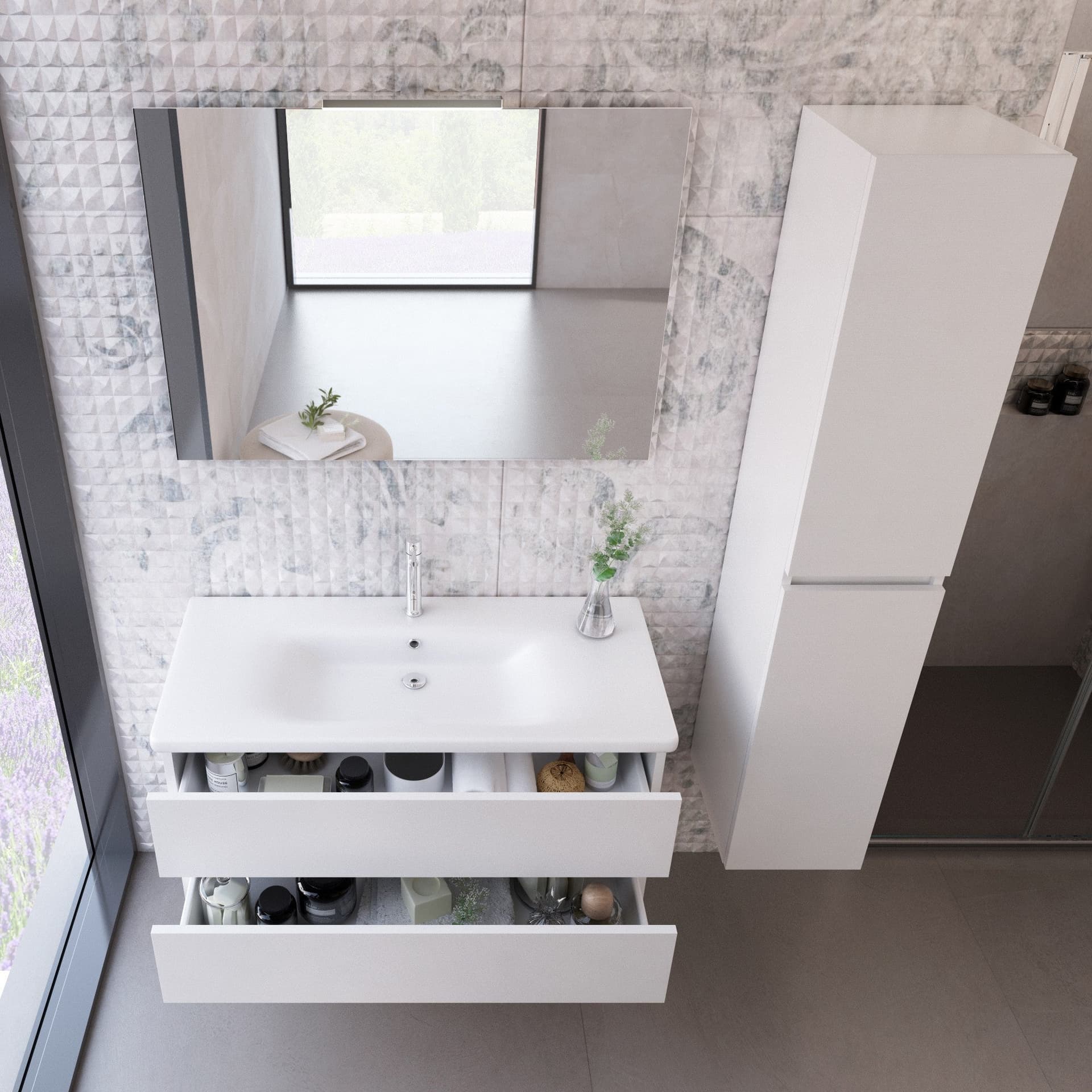 Mobile bagno sospeso bianco larice con lavabo e colonna MOOD-756P in Mobiletti con lavabo Mondialshop - Parabiago, commercioVirtuoso.it