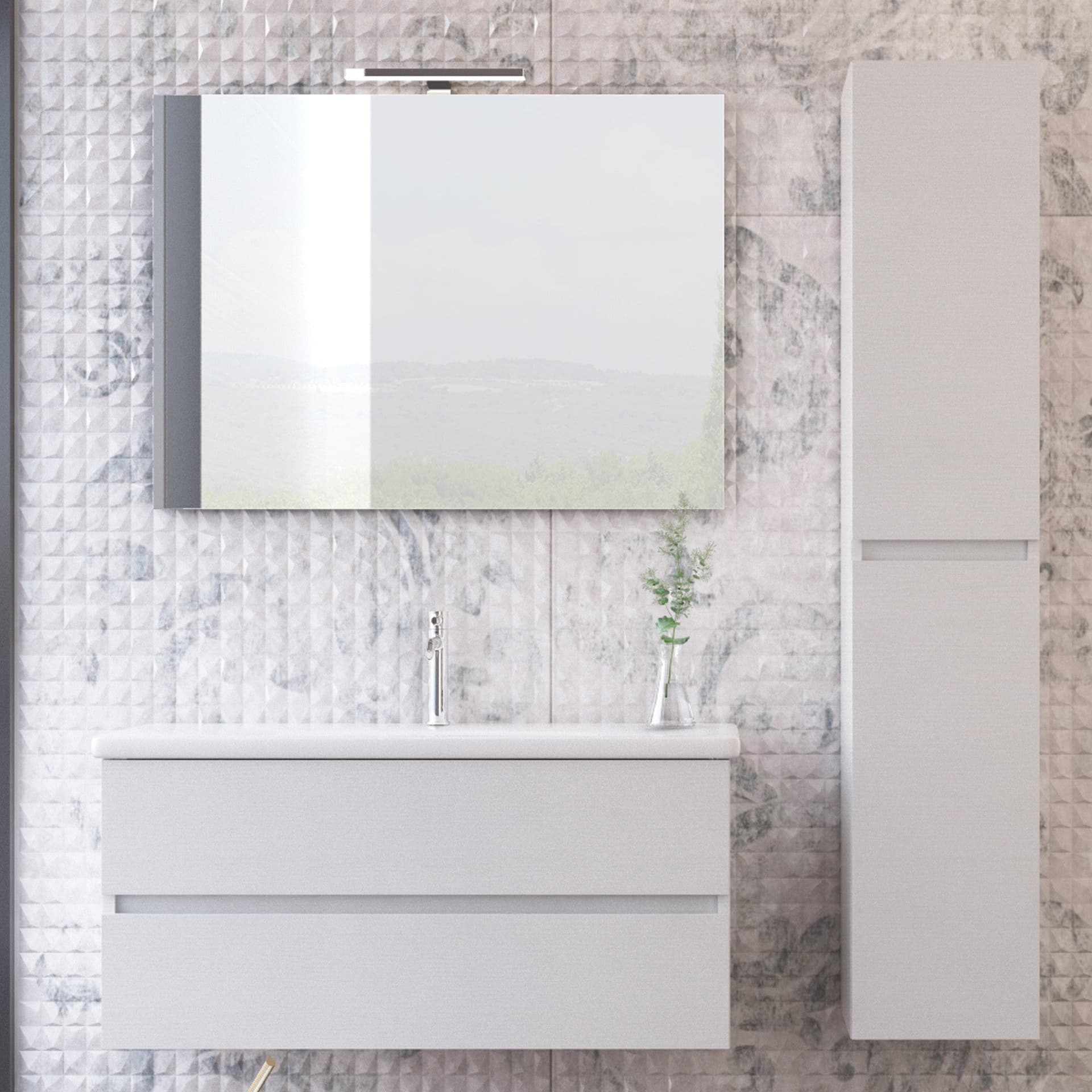 Mobile bagno sospeso bianco larice con lavabo e colonna MOOD-756P in Mobiletti con lavabo Mondialshop - Parabiago, commercioVirtuoso.it