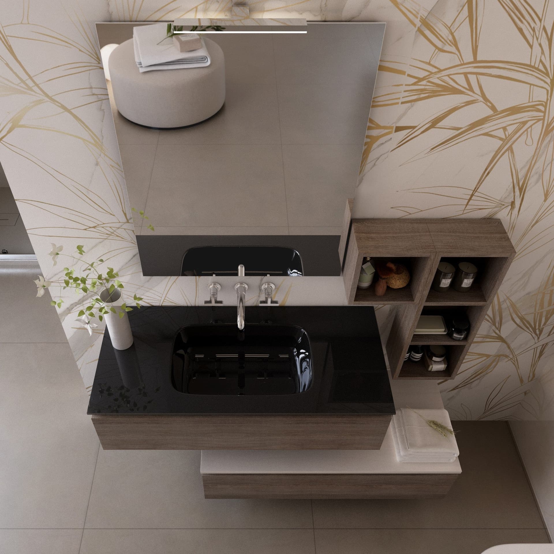 Mobile bagno sospeso rovere scuro con lavandino nero in vetro in Mobiletti con lavabo Mondialshop - Parabiago, commercioVirtuoso.it