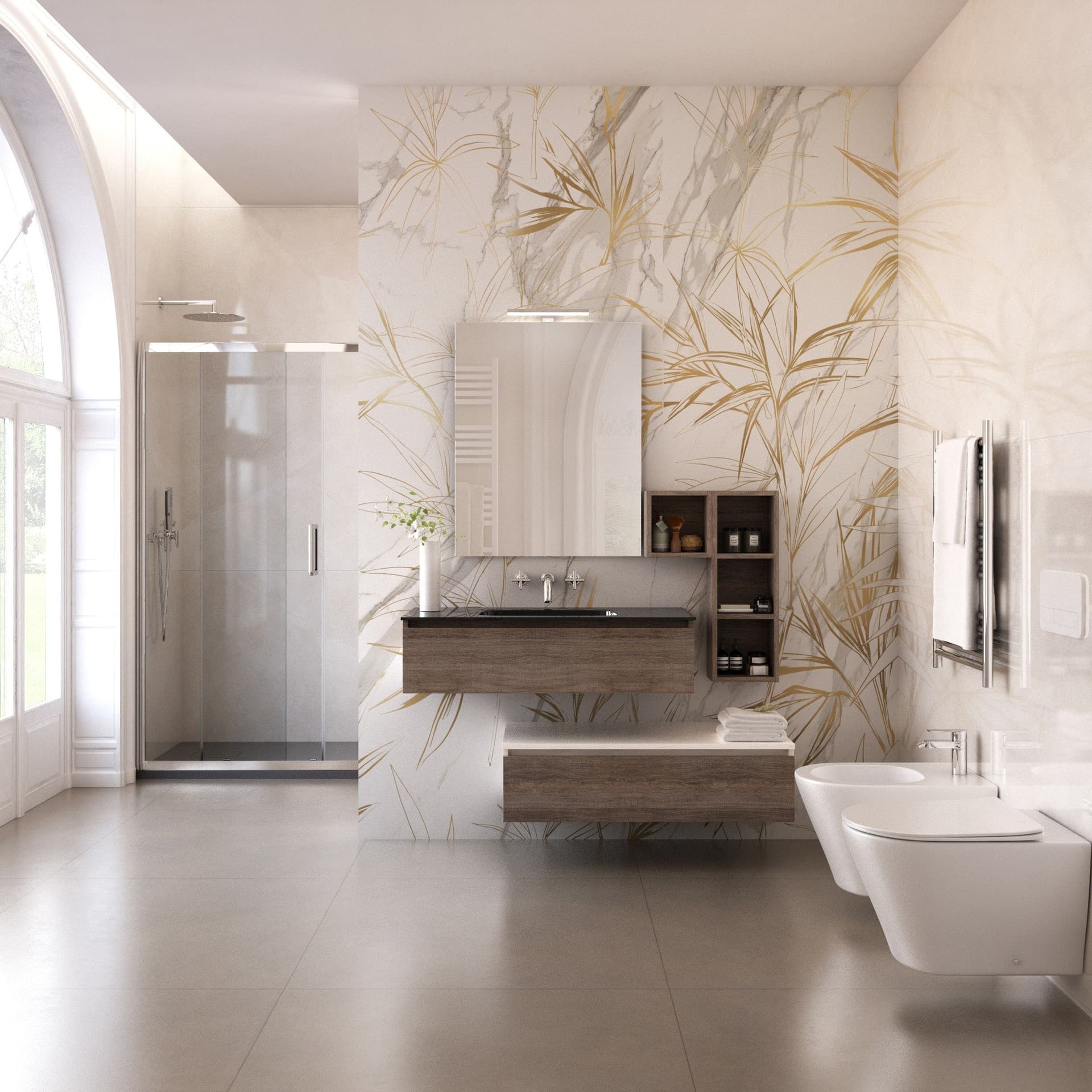 Mobile bagno sospeso rovere scuro con lavandino nero in vetro in Mobiletti con lavabo Mondialshop - Parabiago, commercioVirtuoso.it