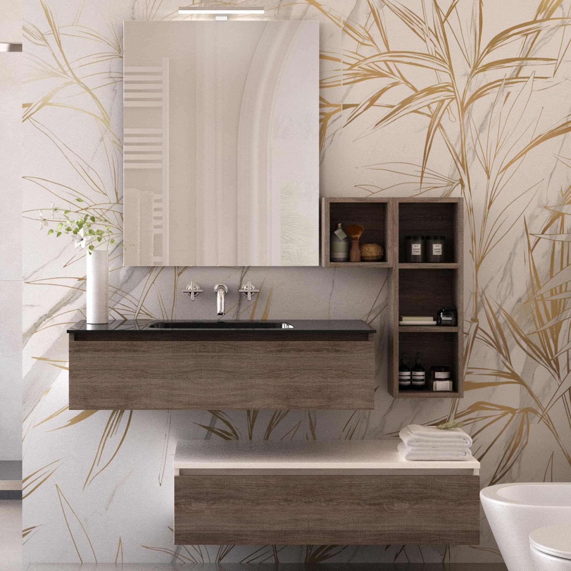 Mobile bagno sospeso rovere scuro con lavandino nero in vetro in Mobiletti con lavabo Mondialshop - Parabiago, commercioVirtuoso.it