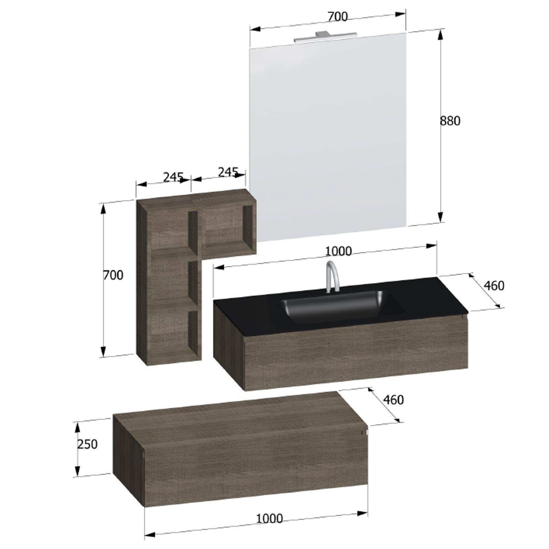 Mobile bagno sospeso rovere scuro con lavandino nero in vetro in Mobiletti con lavabo Mondialshop - Parabiago, commercioVirtuoso.it