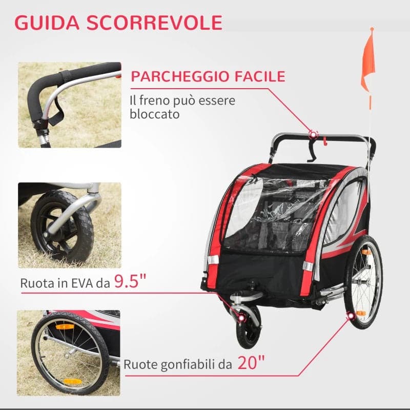 Rimorchio Bici Bambini 2in1 Cinture Freno di Sicurezza Telaio Acciaio e Copertura in Passeggini rimorchio per bici Danyx - Casoria, commercioVirtuoso.it
