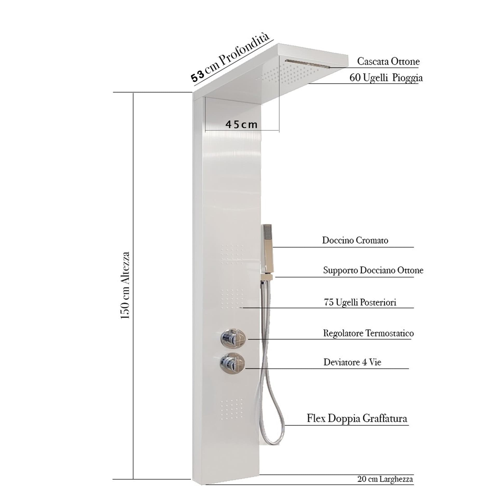 Colonna Idromassaggio Bianca Spazzolata Termostatica | Diamante-White in Rubinetti per vasca Mondialshop - Parabiago, commercioVirtuoso.it