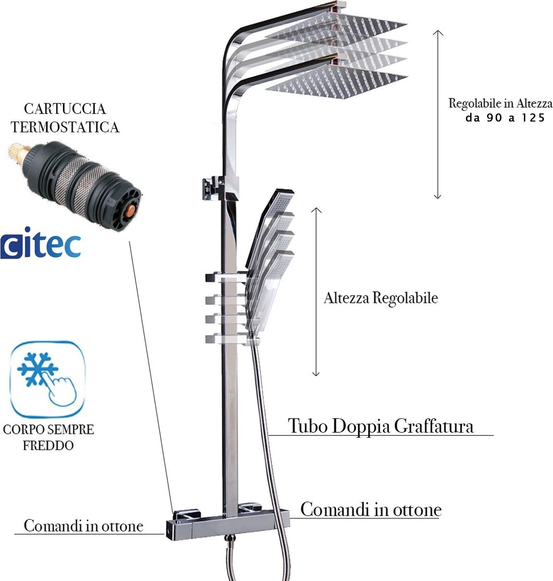 Colonna Doccia Termostatica quadrata con soffione 20x20 e doccino ESTE in Rubinetti per vasca Mondialshop - Parabiago, commercioVirtuoso.it