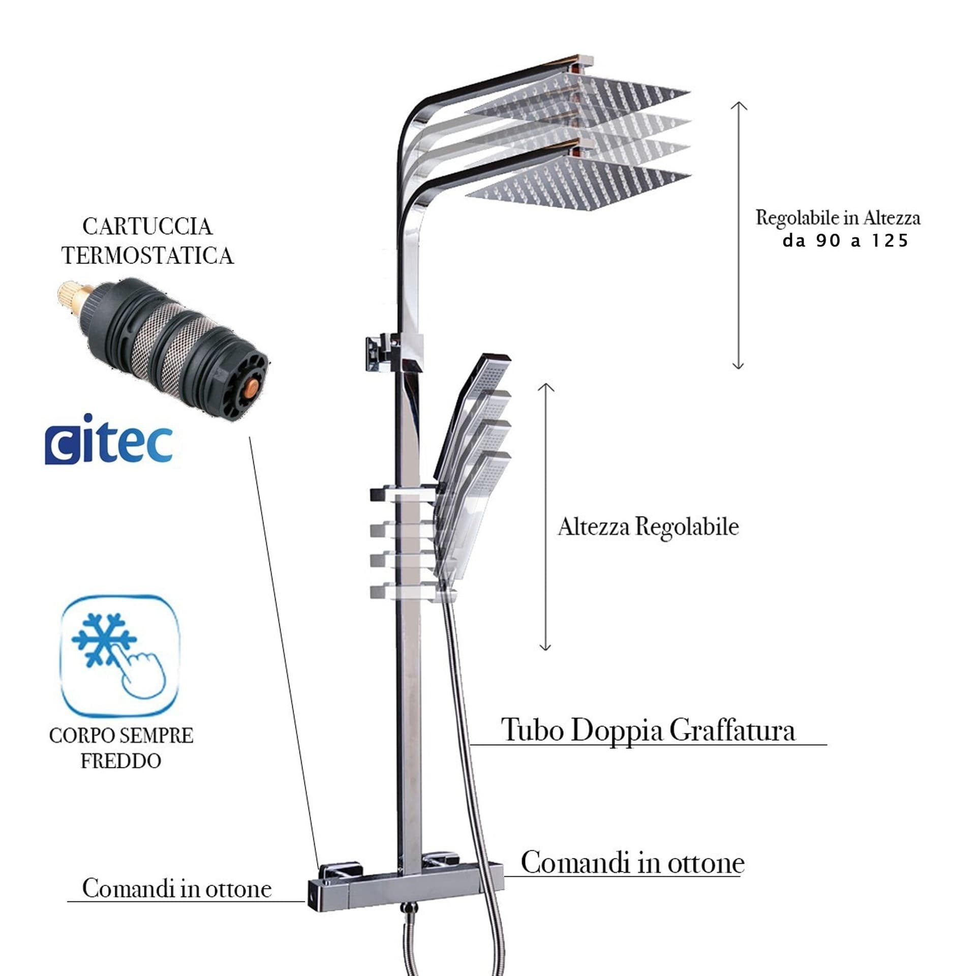 Colonna Doccia Termostatica quadrata con soffione 20x20 e doccino ESTE in Rubinetti per vasca Mondialshop - Parabiago, commercioVirtuoso.it