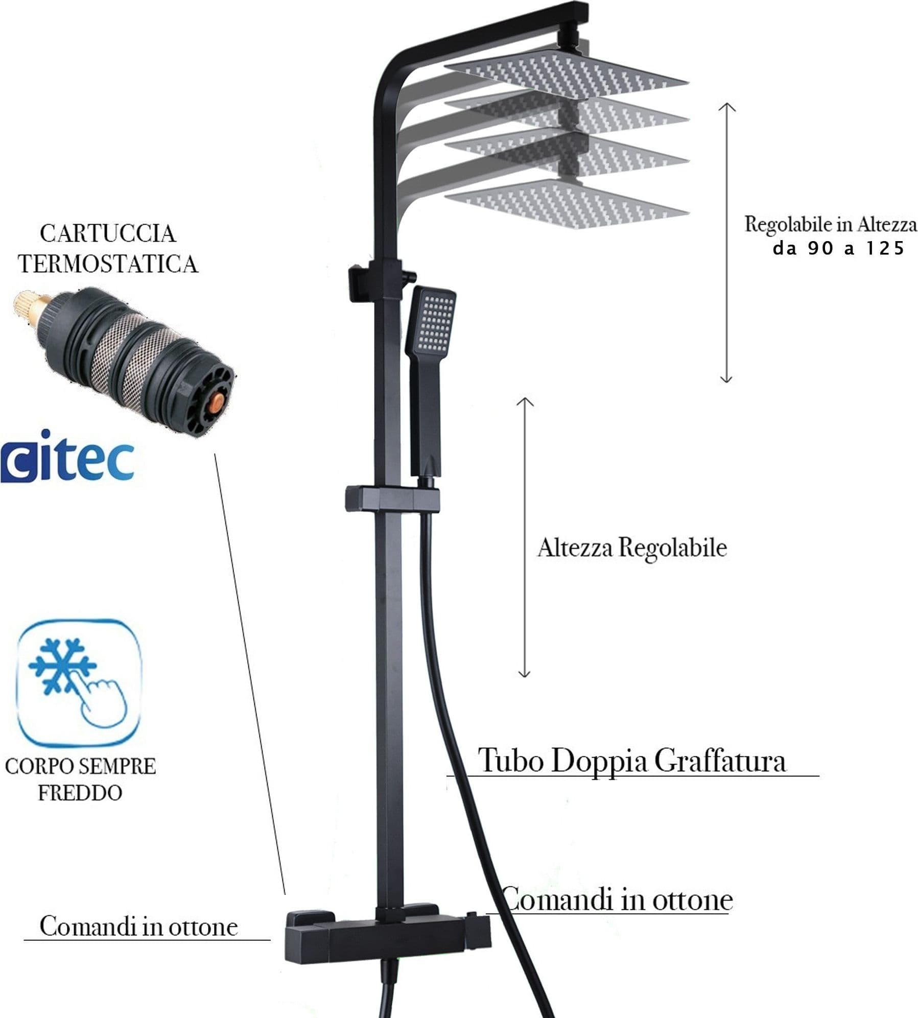 Colonna doccia nera opaca con Miscelatore Termostatico a due vie 20x20 Este Black in Rubinetti per vasca Mondialshop - Parabiago, commercioVirtuoso.it