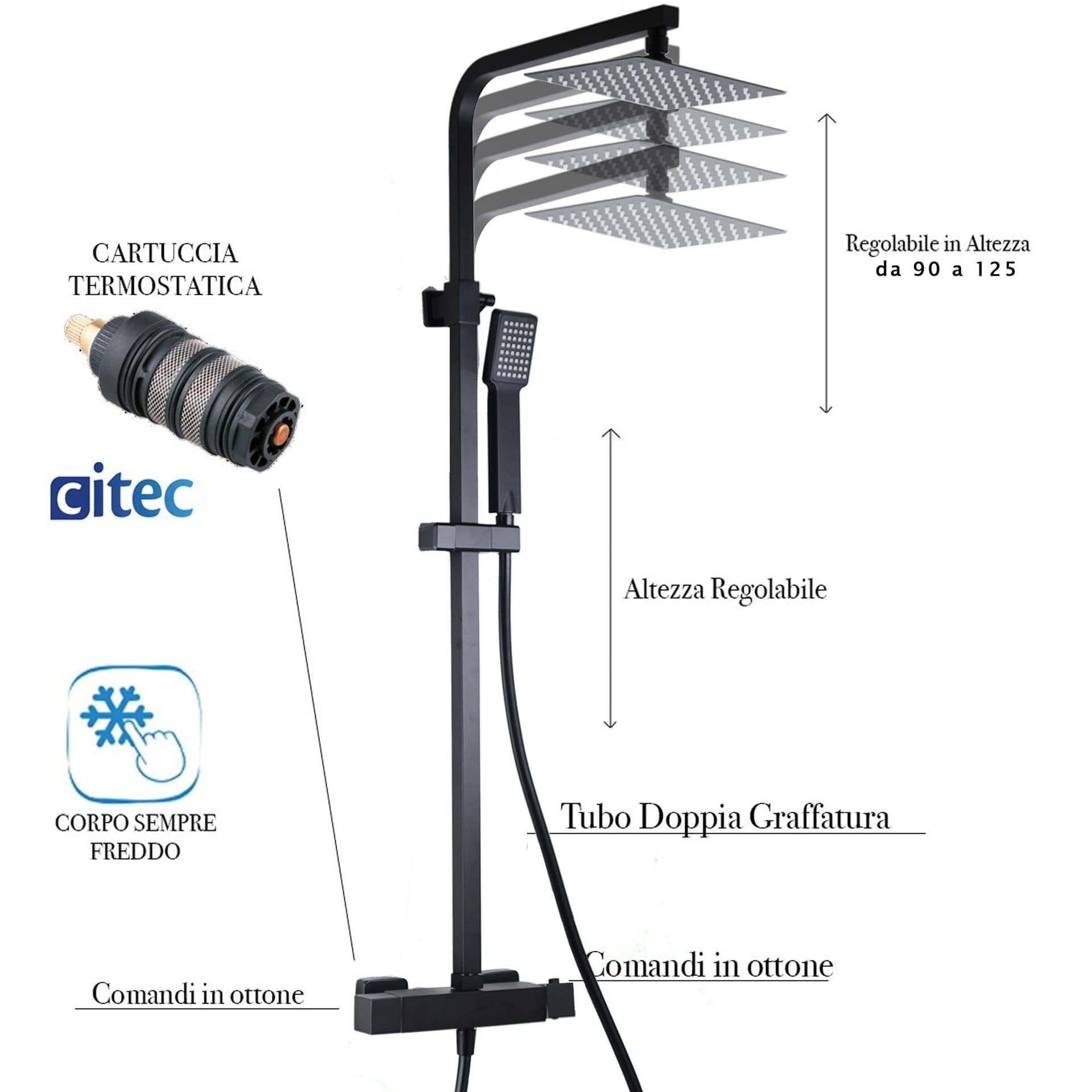Colonna doccia nera opaca con Miscelatore Termostatico a due vie 20x20 Este Black in Rubinetti per vasca Mondialshop - Parabiago, commercioVirtuoso.it