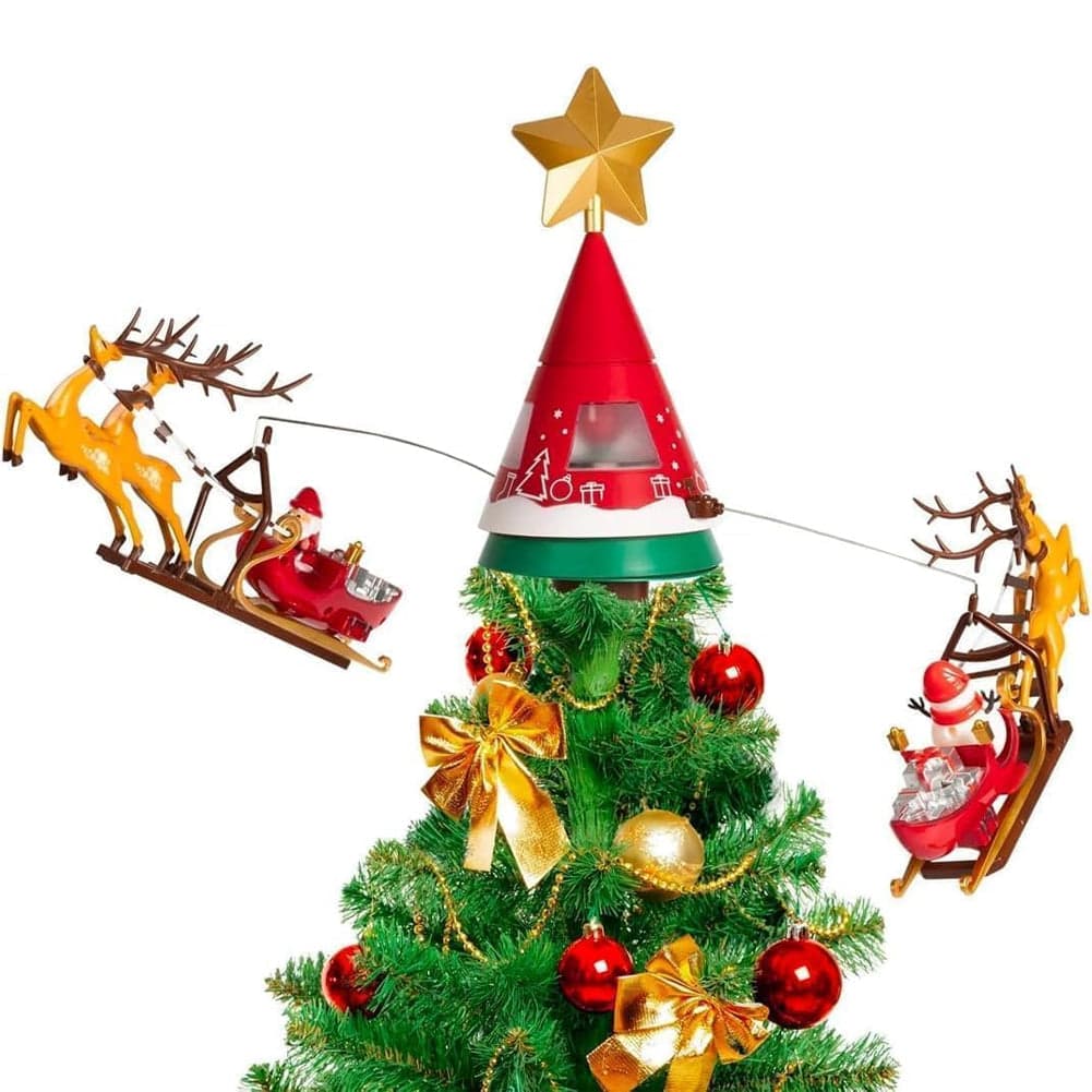 Puntale Rotante per Albero di Natale Girevole con 2 Slitte Punta con Luci e Suoni
