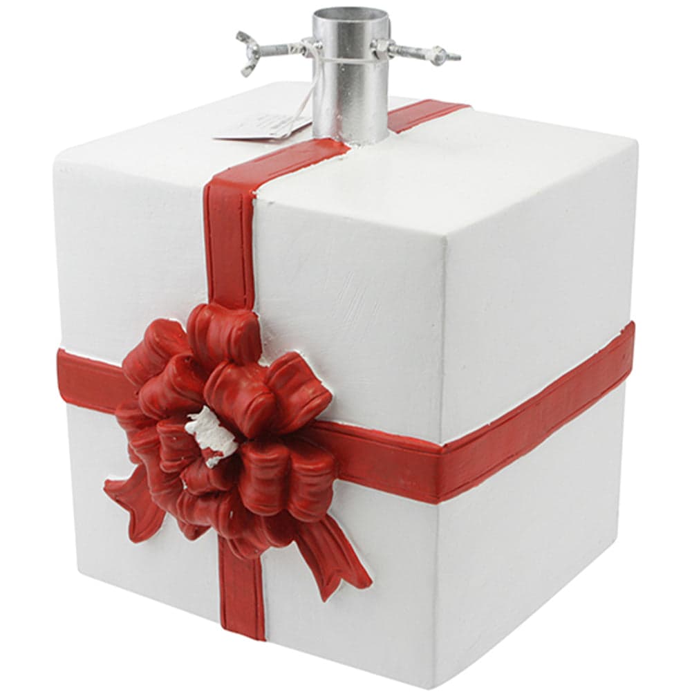 Base Albero di Natale Forma Pacco Regalo Bianco Supporto Universale Fiocco Rosso