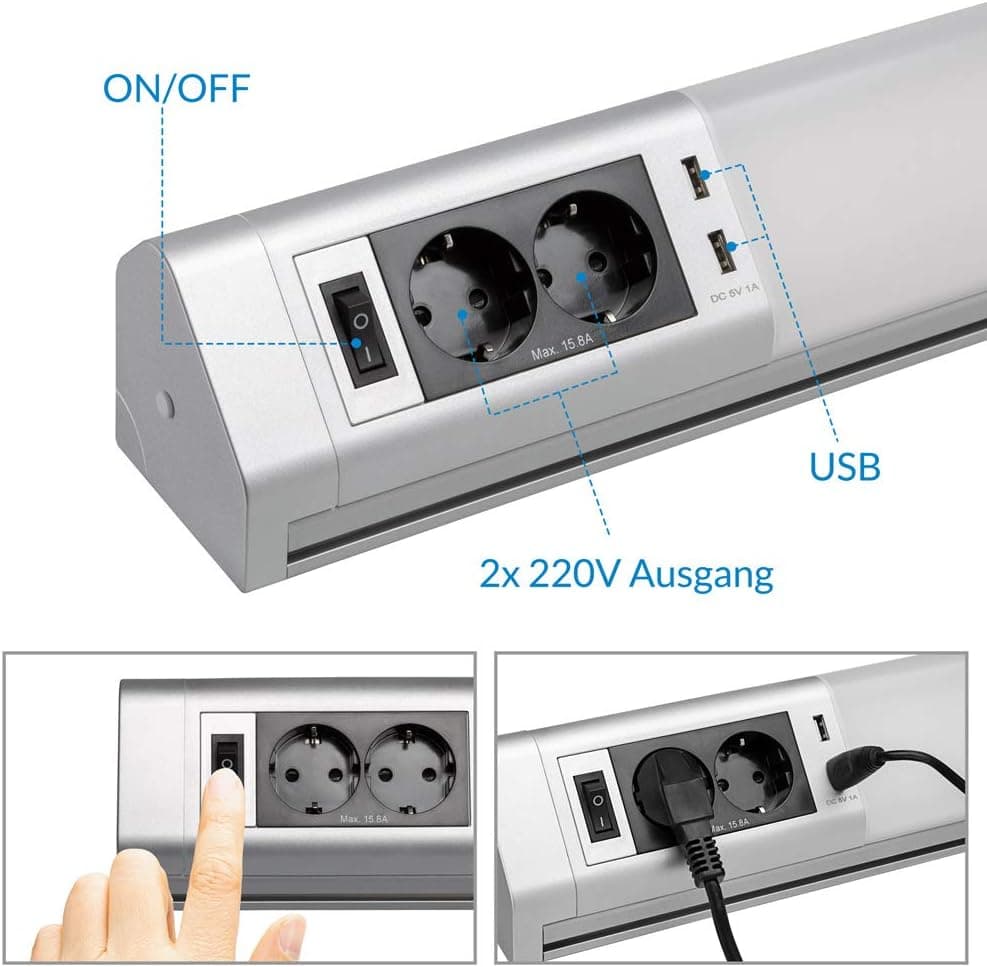 Lampada Sottopensile Cucina Guardaroba Officina Luce Led 2Prese 2USB 5ganci 52cm Alluminio in Luci notturne Danyx - Casoria, commercioVirtuoso.it
