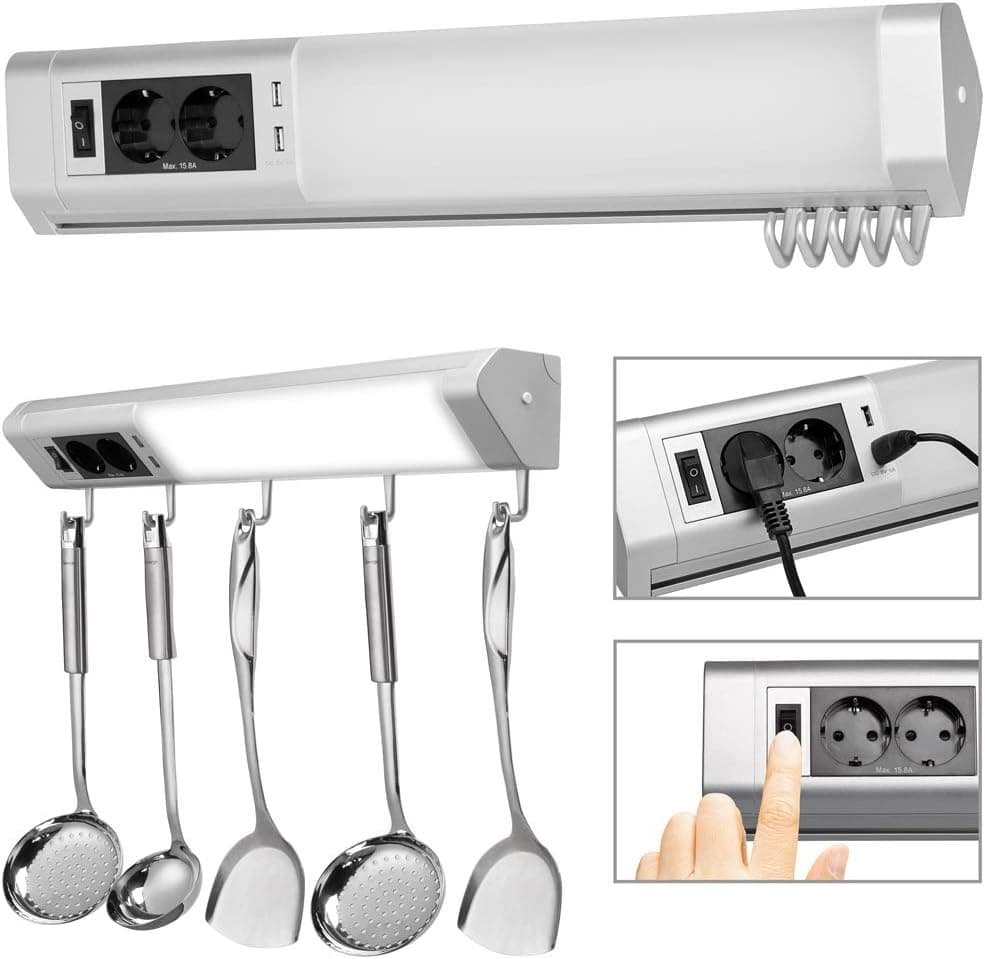 Lampada Sottopensile Cucina Guardaroba Officina Luce Led 2Prese 2USB 5ganci 52cm Alluminio in Luci notturne Danyx - Casoria, commercioVirtuoso.it