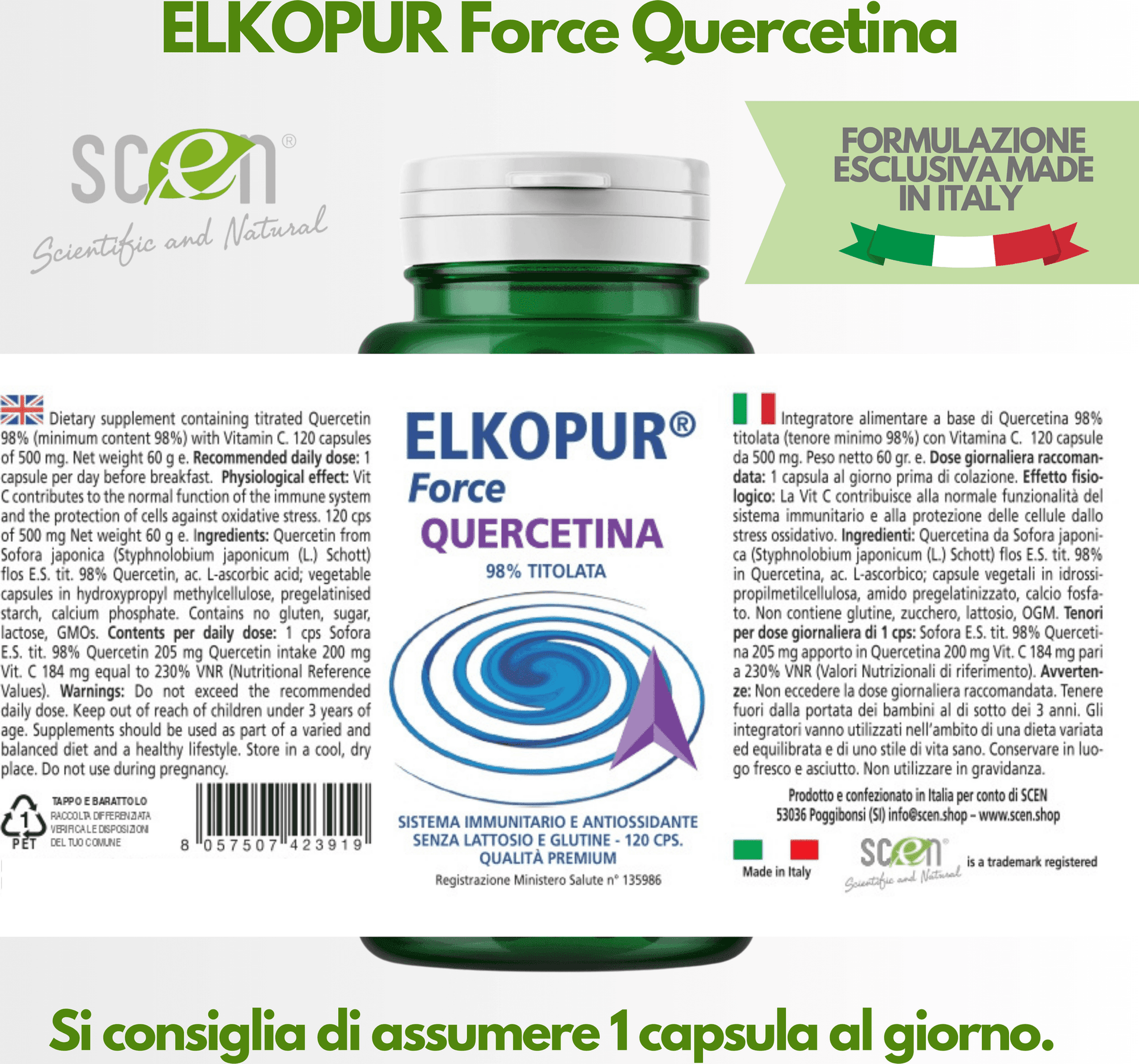 Elkopur Force Quercetina pura, 120 capsule da 500 mg. con 200 mg. di Quercetina titolata 98% in Quercetina, Vegetarian e Vegan ok, Rinforza il sistema immunitario, Antiossidante, prodotto in Italia in Quercetina Scen Scientific and Natural - Poggibonsi, commercioVirtuoso.it