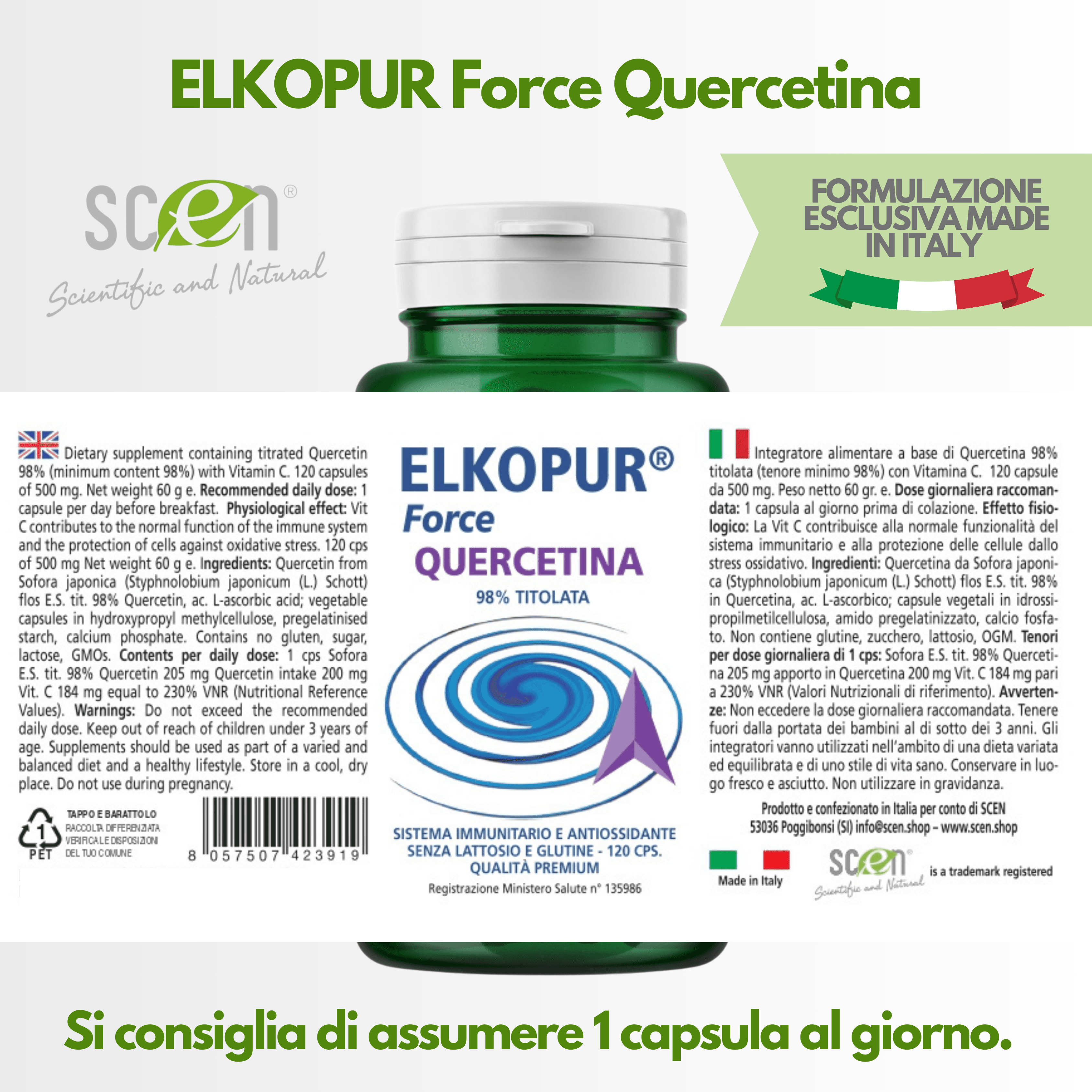 Elkopur Force Quercetina pura, 120 capsule da 500 mg. con 200 mg. di Quercetina titolata 98% in Quercetina, Vegetarian e Vegan ok, Rinforza il sistema immunitario, Antiossidante, prodotto in Italia in Quercetina Scen Scientific and Natural - Poggibonsi, commercioVirtuoso.it