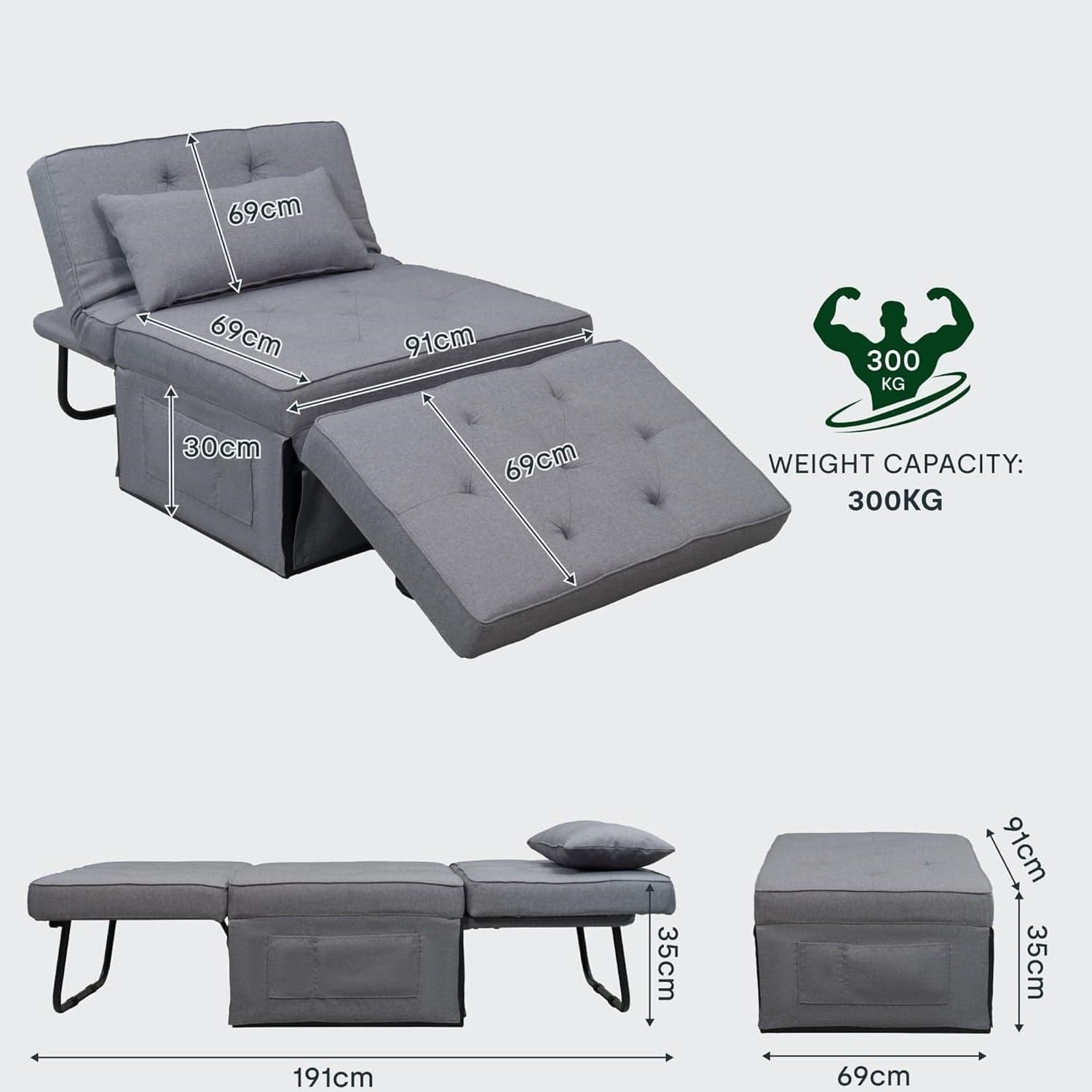 Divano Poltrona Letto 4Funzioni Pieghevole Salvaspazio Poggiapiedi Tasca Laterale Grigio Scuro in Divani Danyx - Casoria, commercioVirtuoso.it