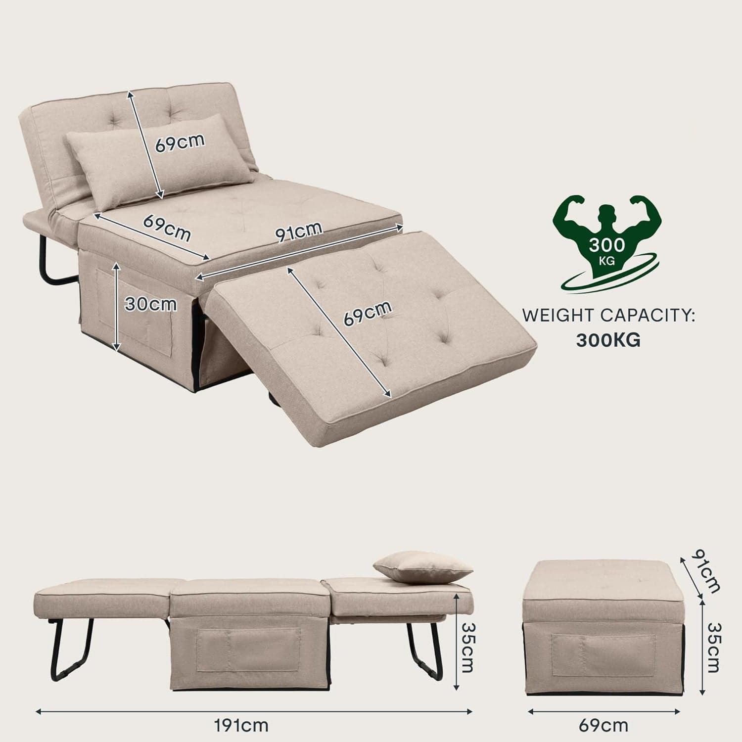 Divano Poltrona Letto 4Funzioni Pieghevole Salvaspazio Poggiapiedi Tasca Laterale Beige in Poltrone relax et chaise longue Danyx - Casoria, commercioVirtuoso.it
