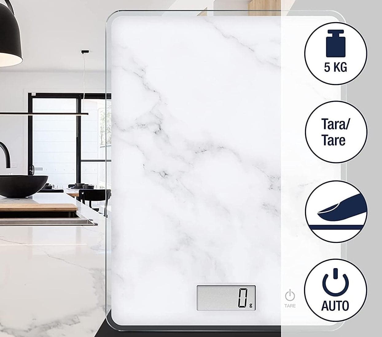 Bilancia Cucina Digitale Ultra sottile Vetro Effetto Marmo 5KG 20x14cm Bianco in Bilance Danyx - Casoria, commercioVirtuoso.it