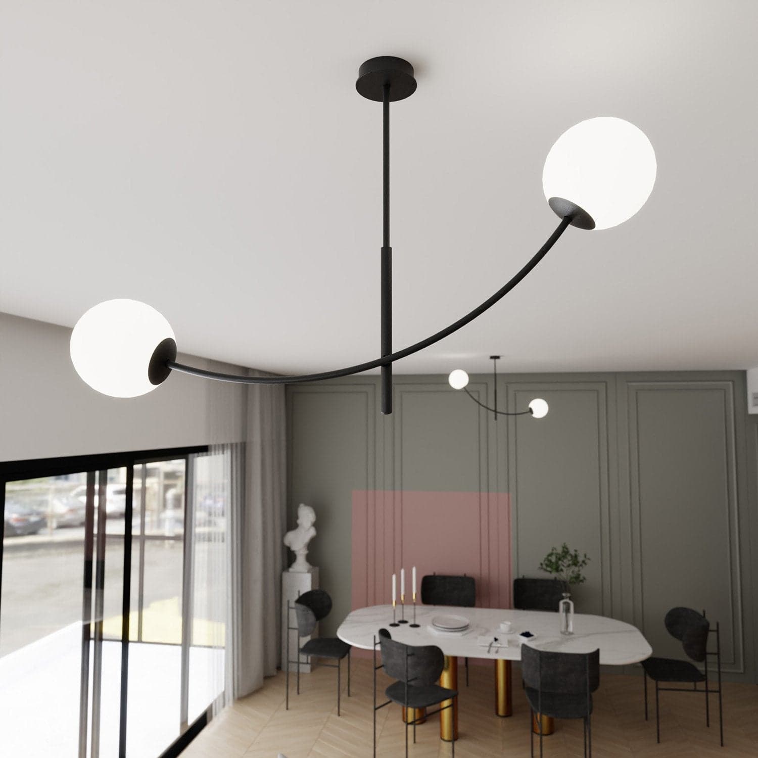 Sospenione Moderna 2 Luci Hunter Acciaio Nero Bracci Regolabili E Vetro Opalino in Lampade a sospensione LuceArt - Montecorvino Pugliano, commercioVirtuoso.it