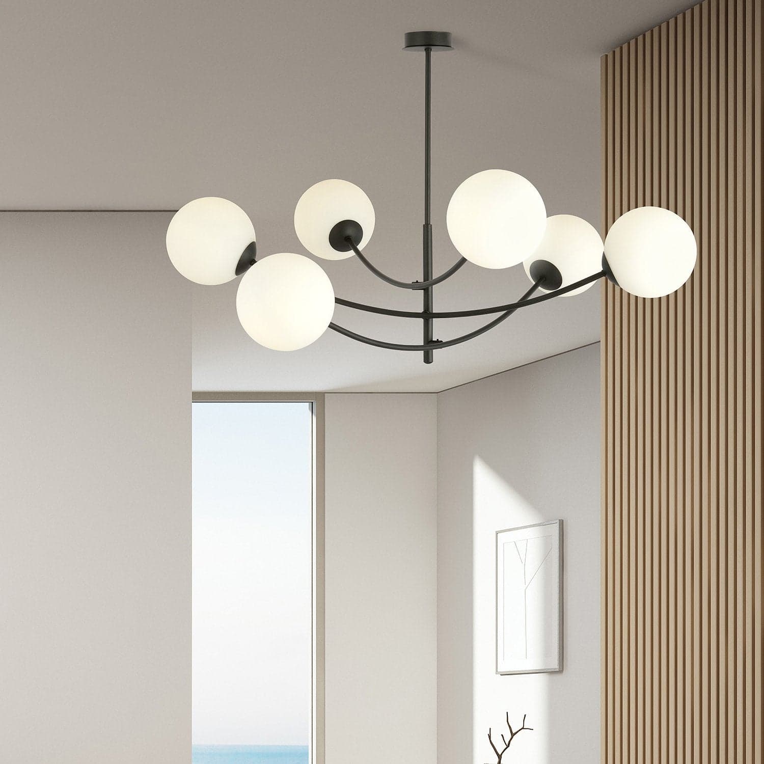 Sospenione Moderna 6 Luci Hunter Acciaio Nero Bracci Regolabili E Vetro Opalino in Lampade a sospensione LuceArt - Montecorvino Pugliano, commercioVirtuoso.it